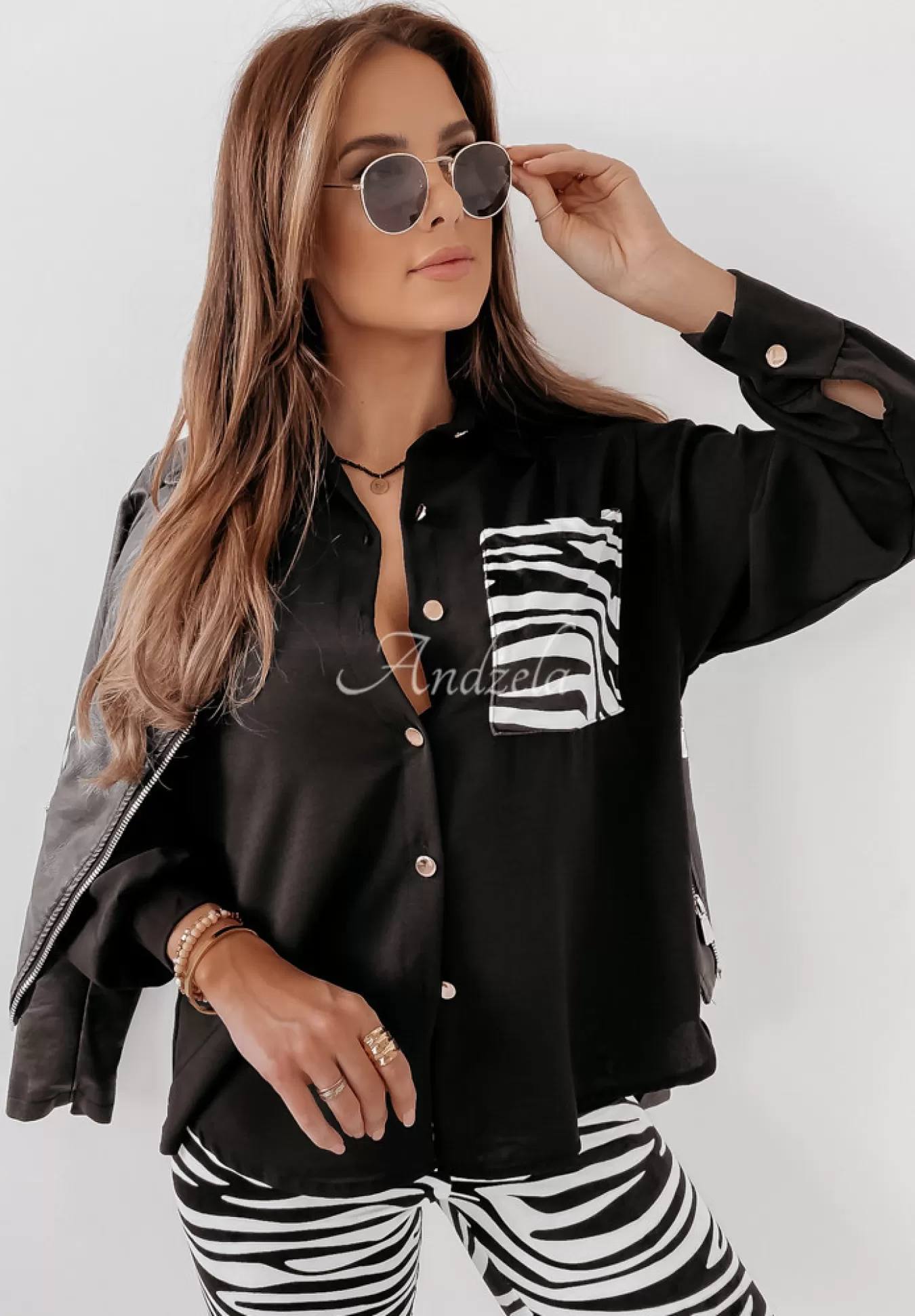 Sale Asymetryczna Koszula Oversize Z Kieszenia W Zebre Shantala Czarna Kobieta Koszule