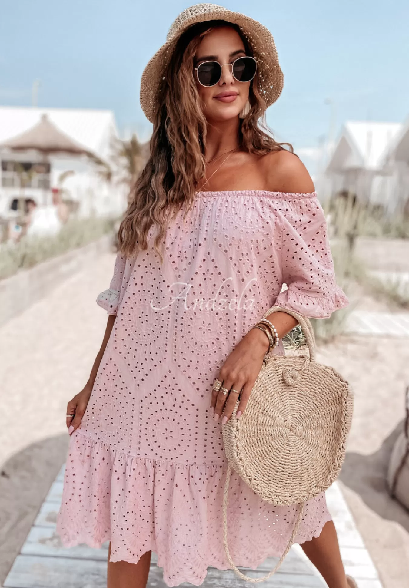 Clearance Azurowa Sukienka Hiszpanka Boho Eldora Pudrowy Roz Kobieta Sukienki