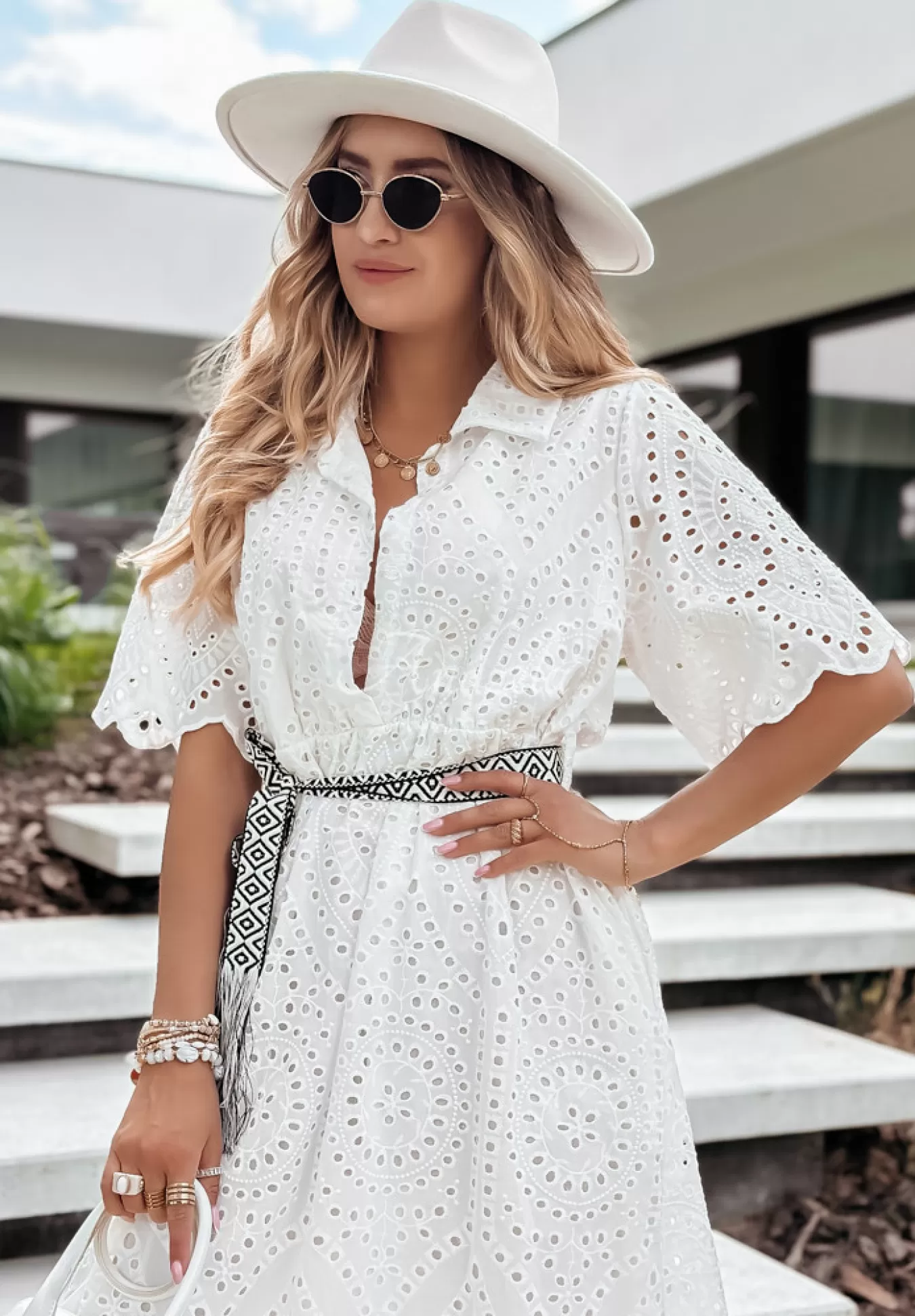Fashion Azurowa Sukienka Midi Z Paskiem Boho Beach Is Calling Ecru Kobieta Sukienki
