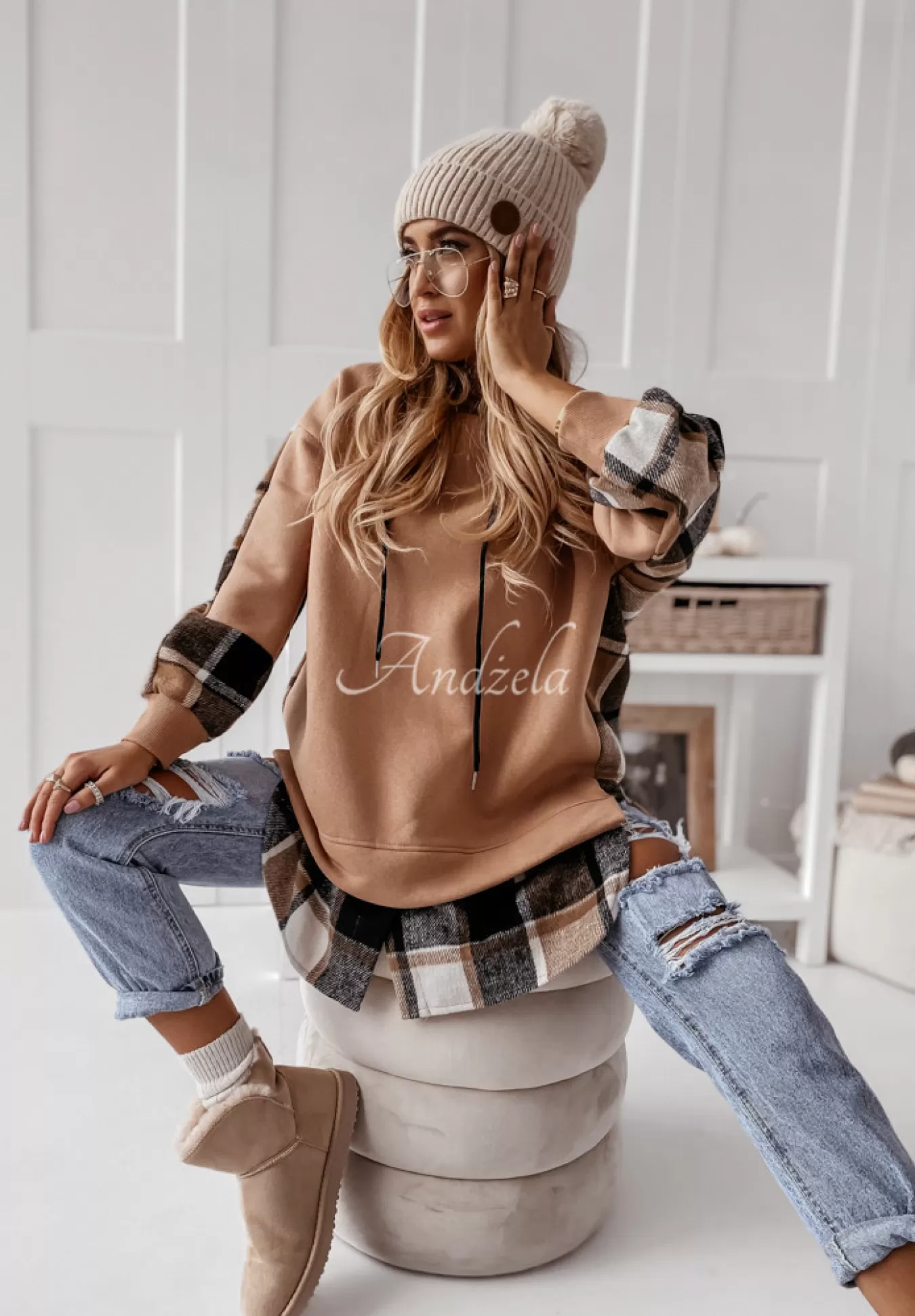 Online Bluza Oversize W Krate Z Kapturem Johnson Camelowa Kobieta Bluzy