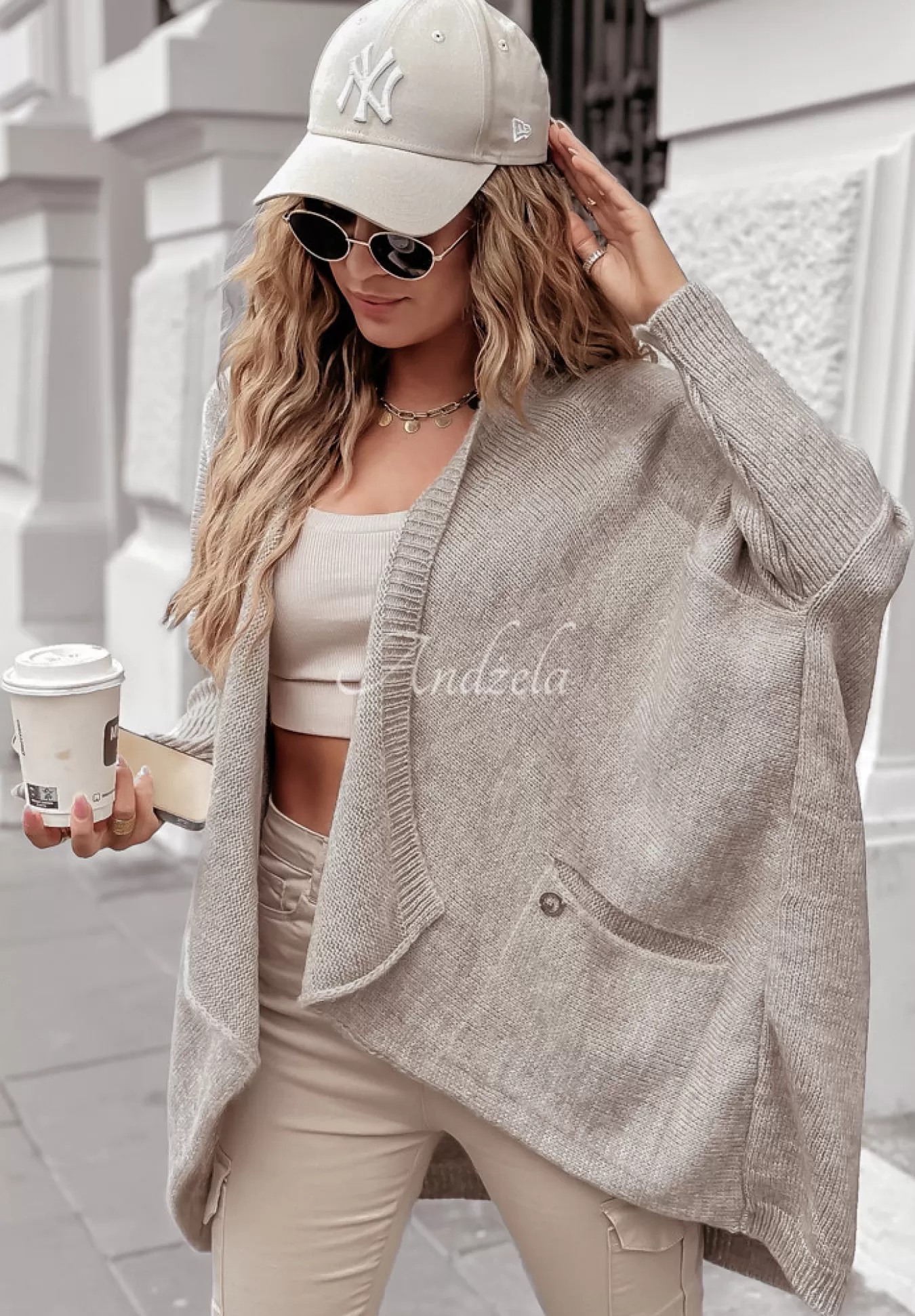 Fashion Dlugi Kardigan Oversize Colorful Trees Bezowy Kobieta Swetry