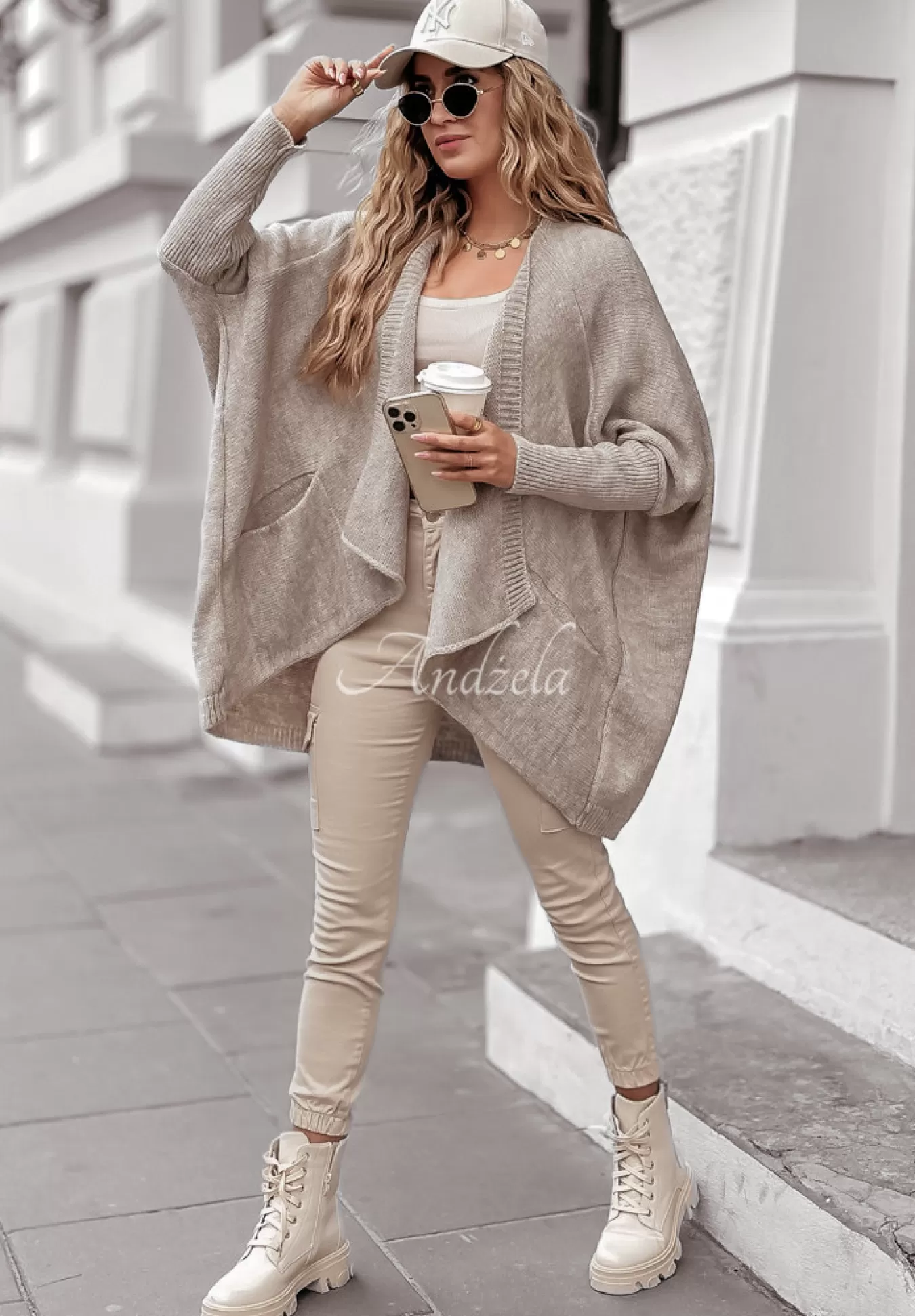 Fashion Dlugi Kardigan Oversize Colorful Trees Bezowy Kobieta Swetry