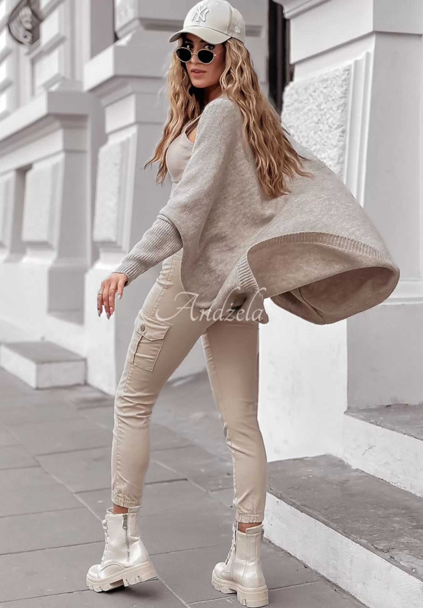 Fashion Dlugi Kardigan Oversize Colorful Trees Bezowy Kobieta Swetry