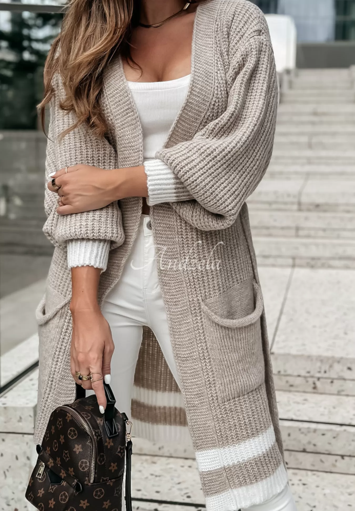 Discount Dlugi Kardigan Oversize W Paski Hector Bezowy Kobieta Kardigany
