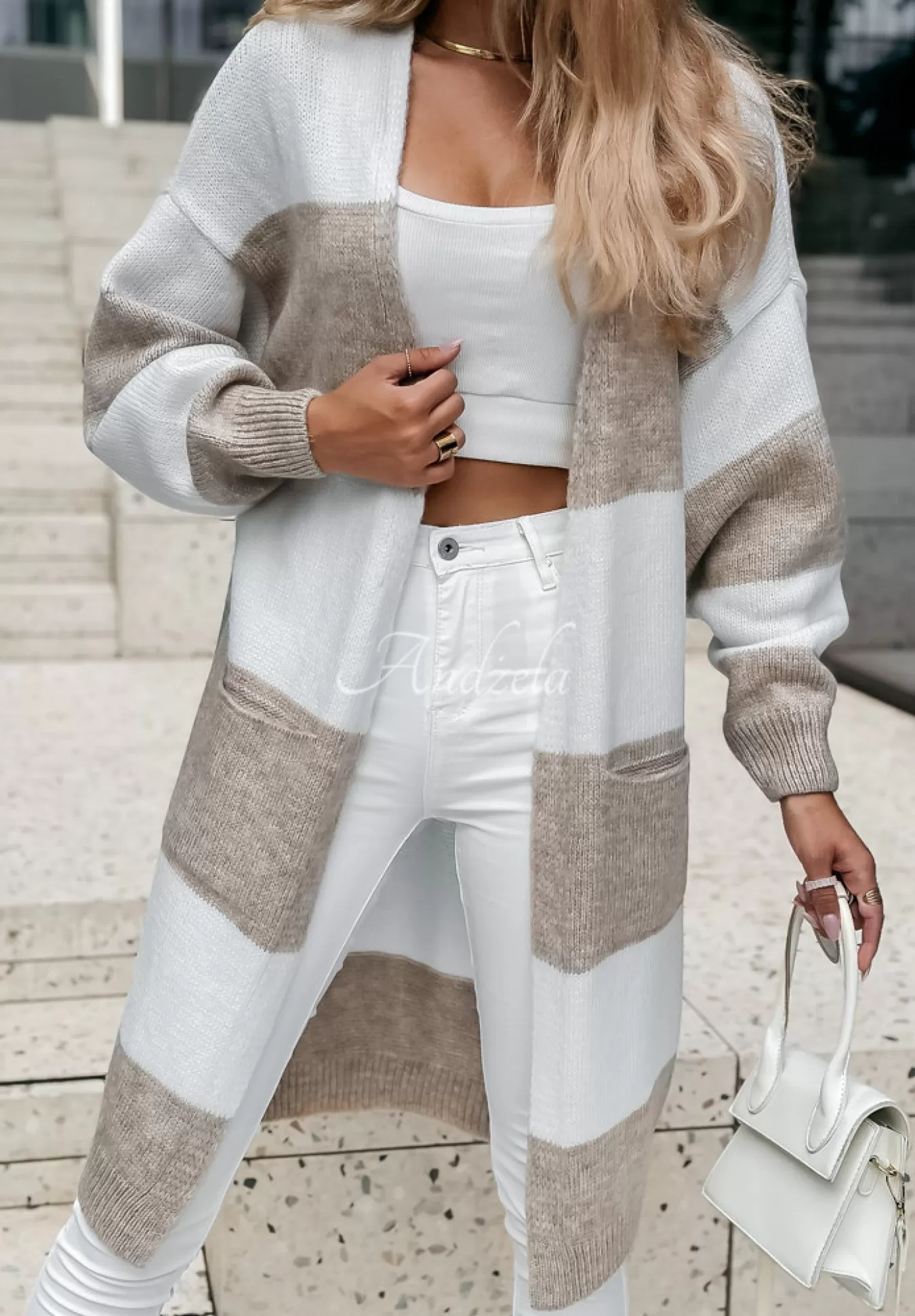 New Dlugi Kardigan Oversize W Paski I Melt For You Bezowo-Bialy Kobieta Kardigany