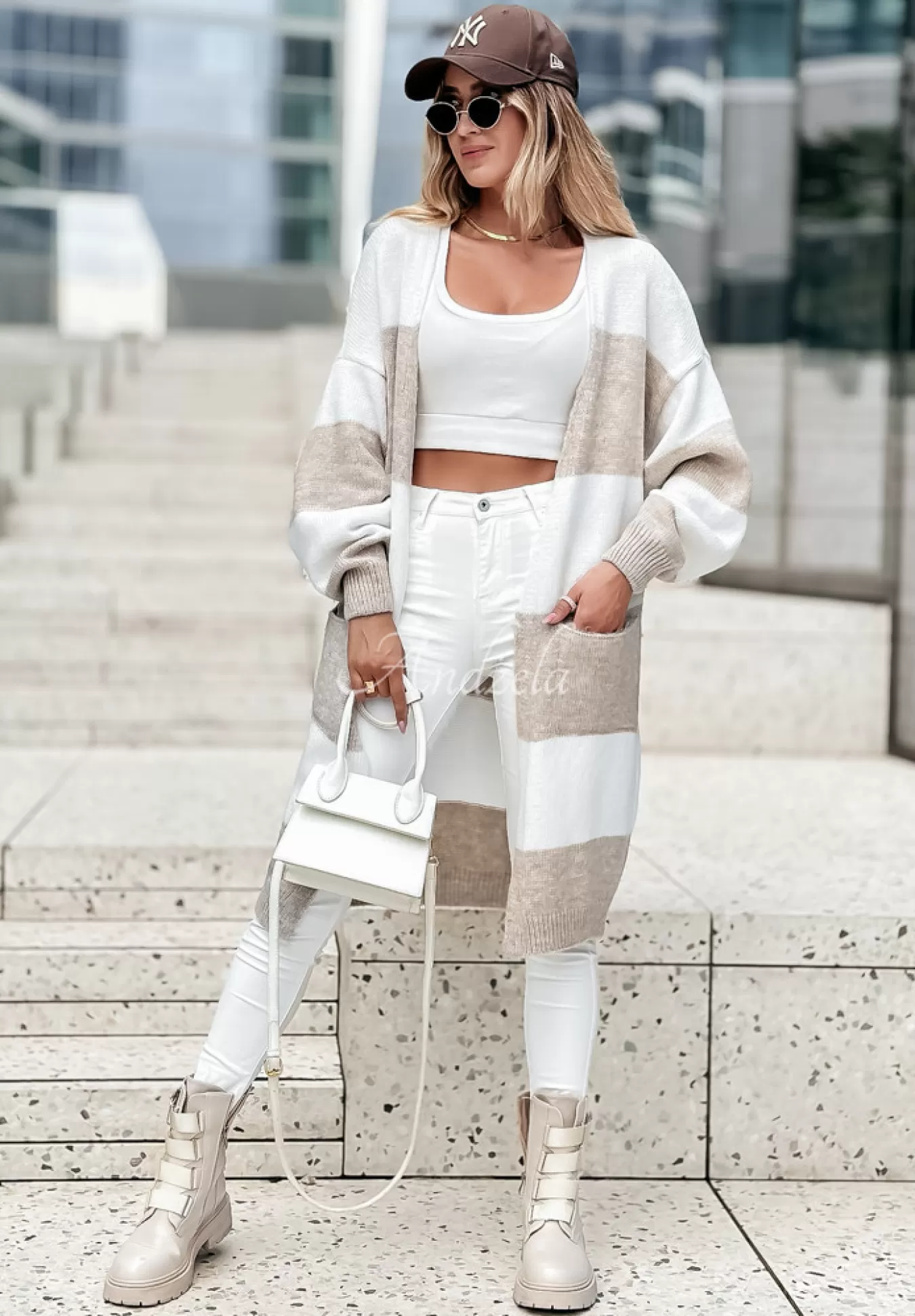 New Dlugi Kardigan Oversize W Paski I Melt For You Bezowo-Bialy Kobieta Kardigany