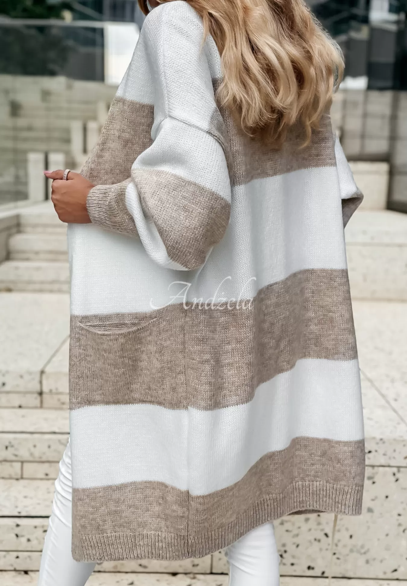 New Dlugi Kardigan Oversize W Paski I Melt For You Bezowo-Bialy Kobieta Kardigany