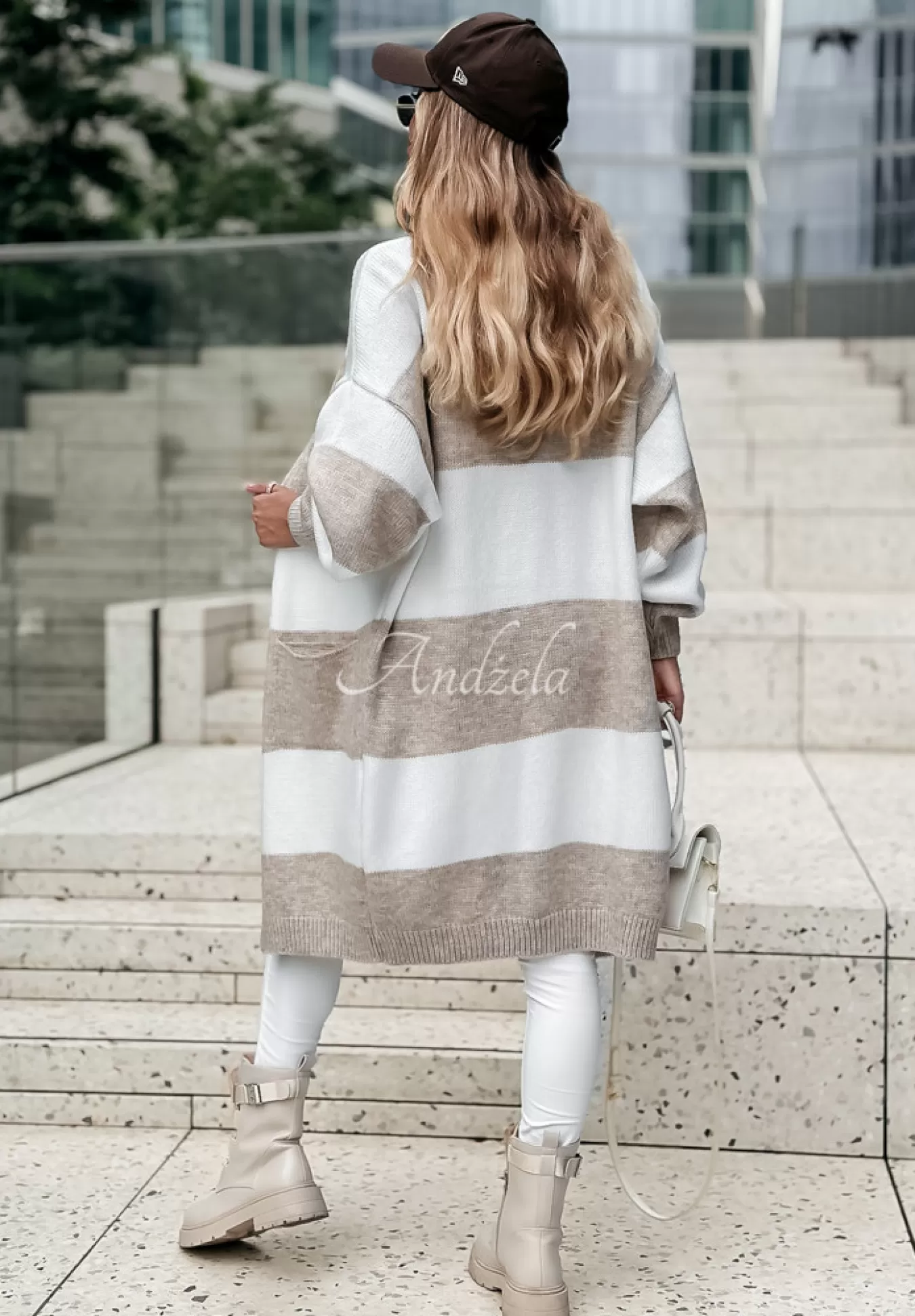New Dlugi Kardigan Oversize W Paski I Melt For You Bezowo-Bialy Kobieta Kardigany