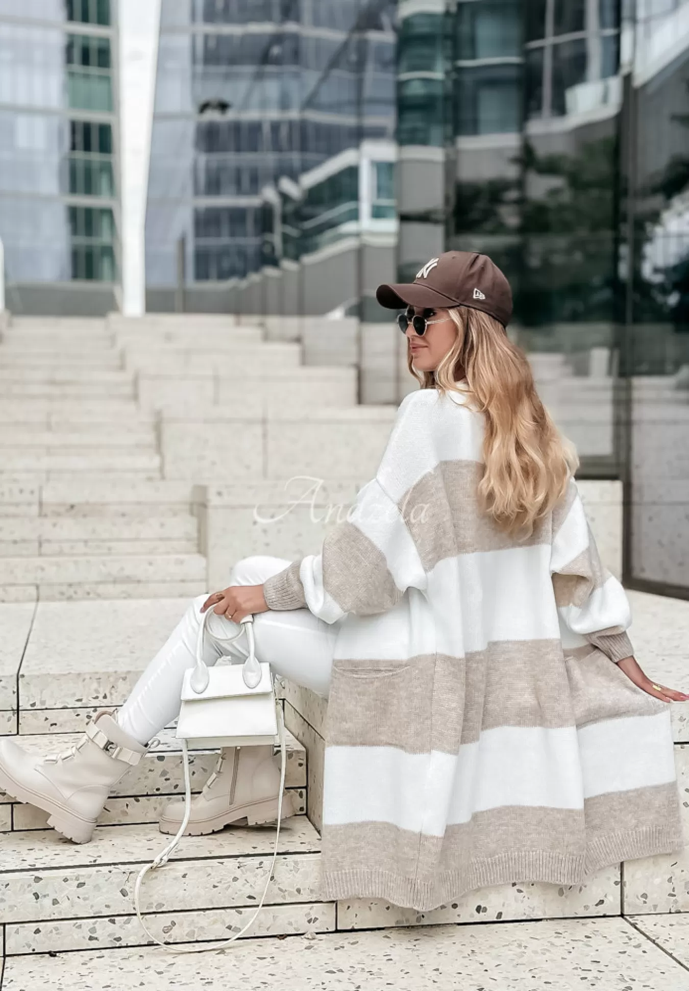 New Dlugi Kardigan Oversize W Paski I Melt For You Bezowo-Bialy Kobieta Kardigany