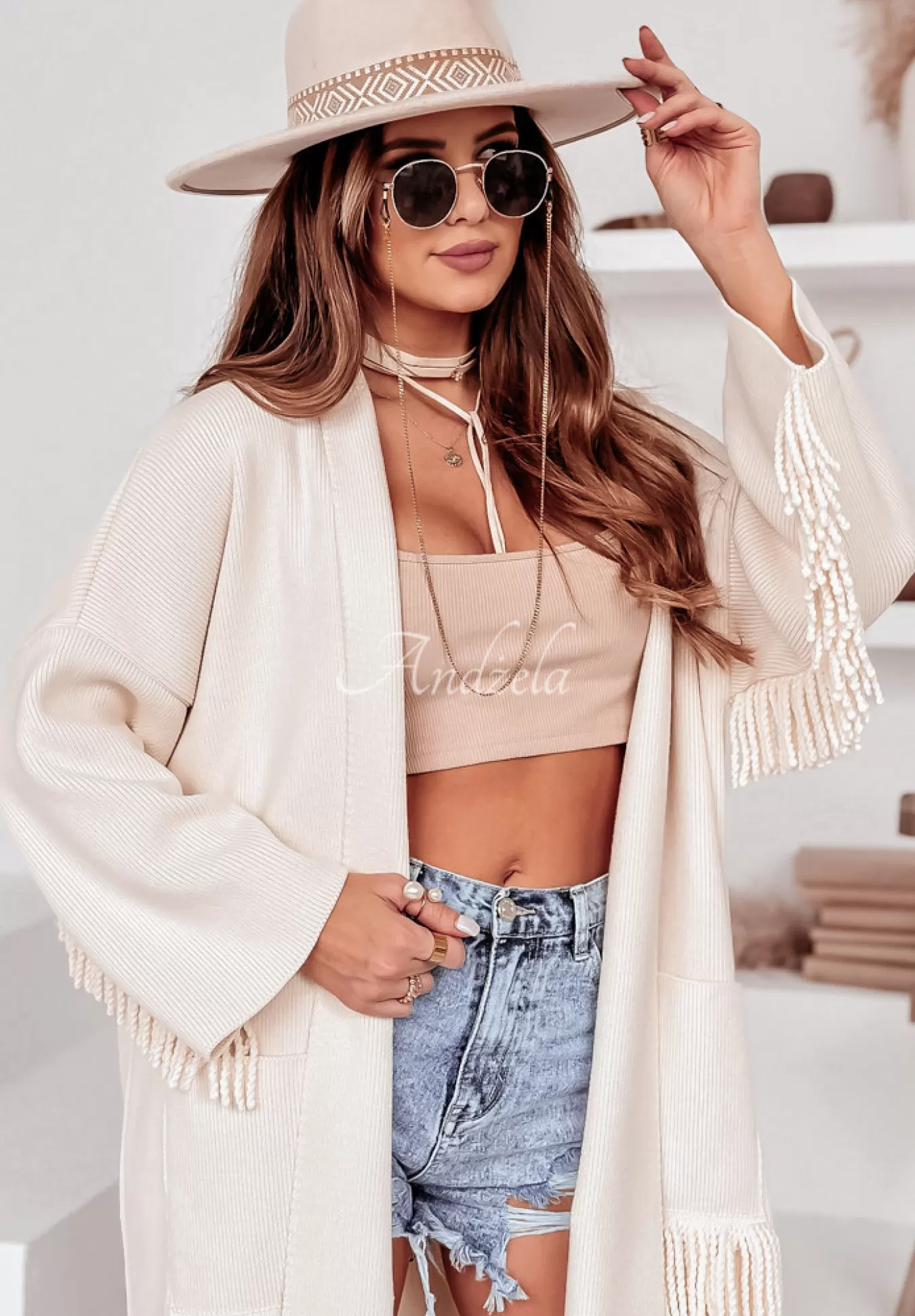 Hot Dlugi Kardigan Oversize Z Fredzlami Cocomore Dress Code Ecru Kobieta Kardigany
