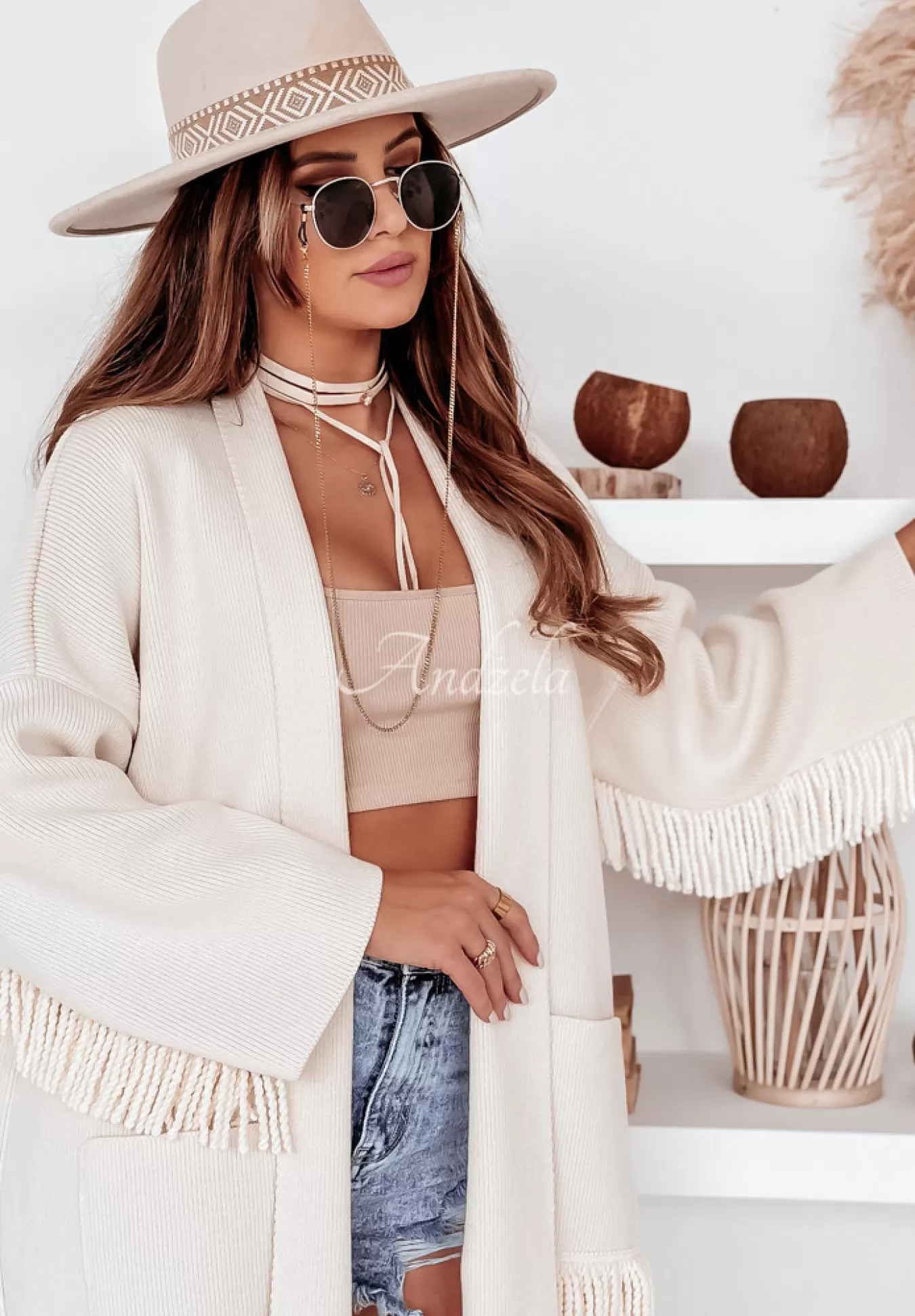 Hot Dlugi Kardigan Oversize Z Fredzlami Cocomore Dress Code Ecru Kobieta Kardigany