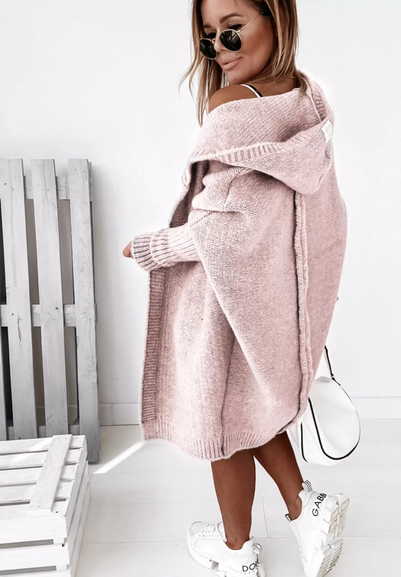 Store Dlugi Kardigan Oversize Z Kapturem Montevista Pudrowy Roz Kobieta Kardigany
