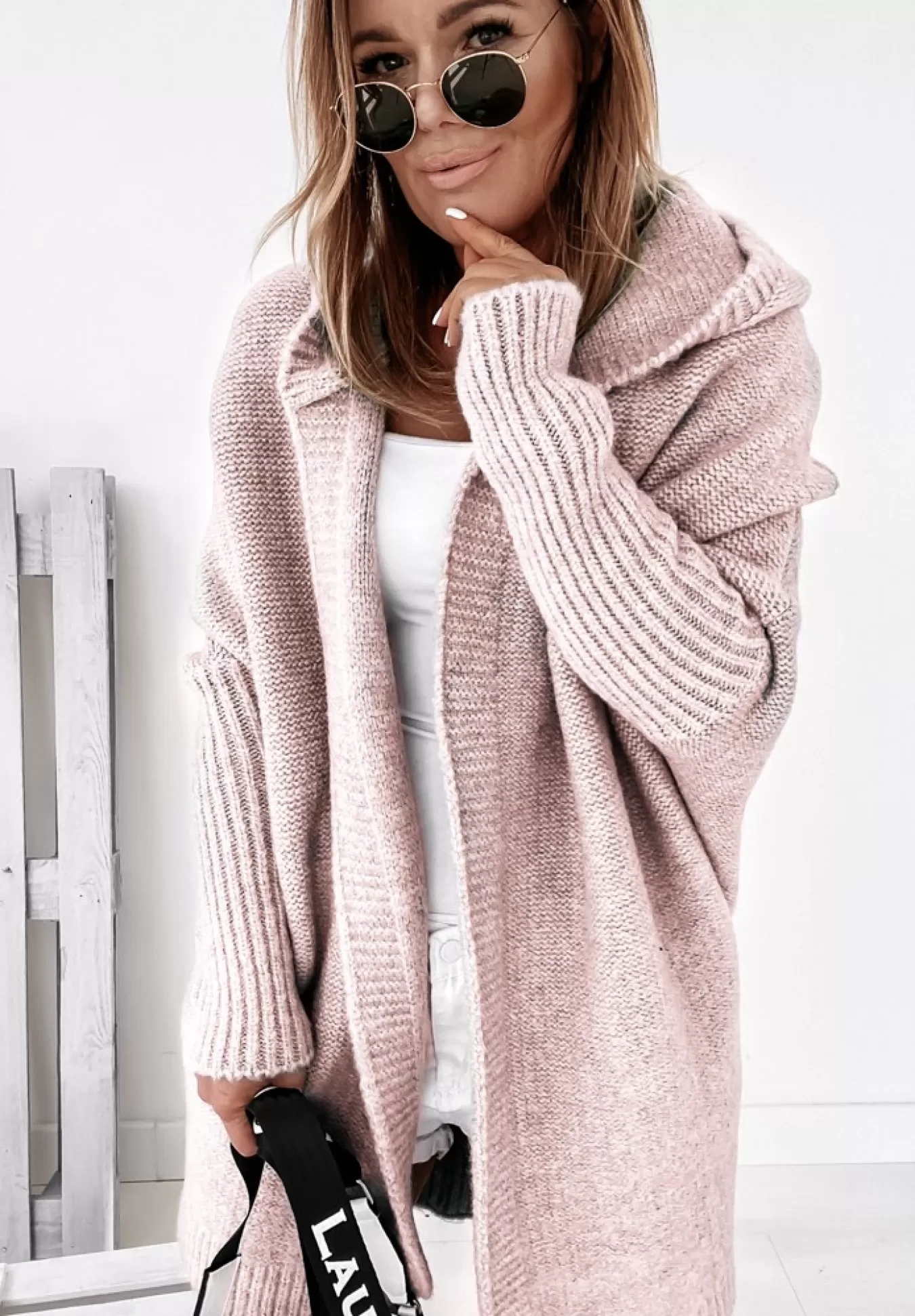 Store Dlugi Kardigan Oversize Z Kapturem Montevista Pudrowy Roz Kobieta Kardigany