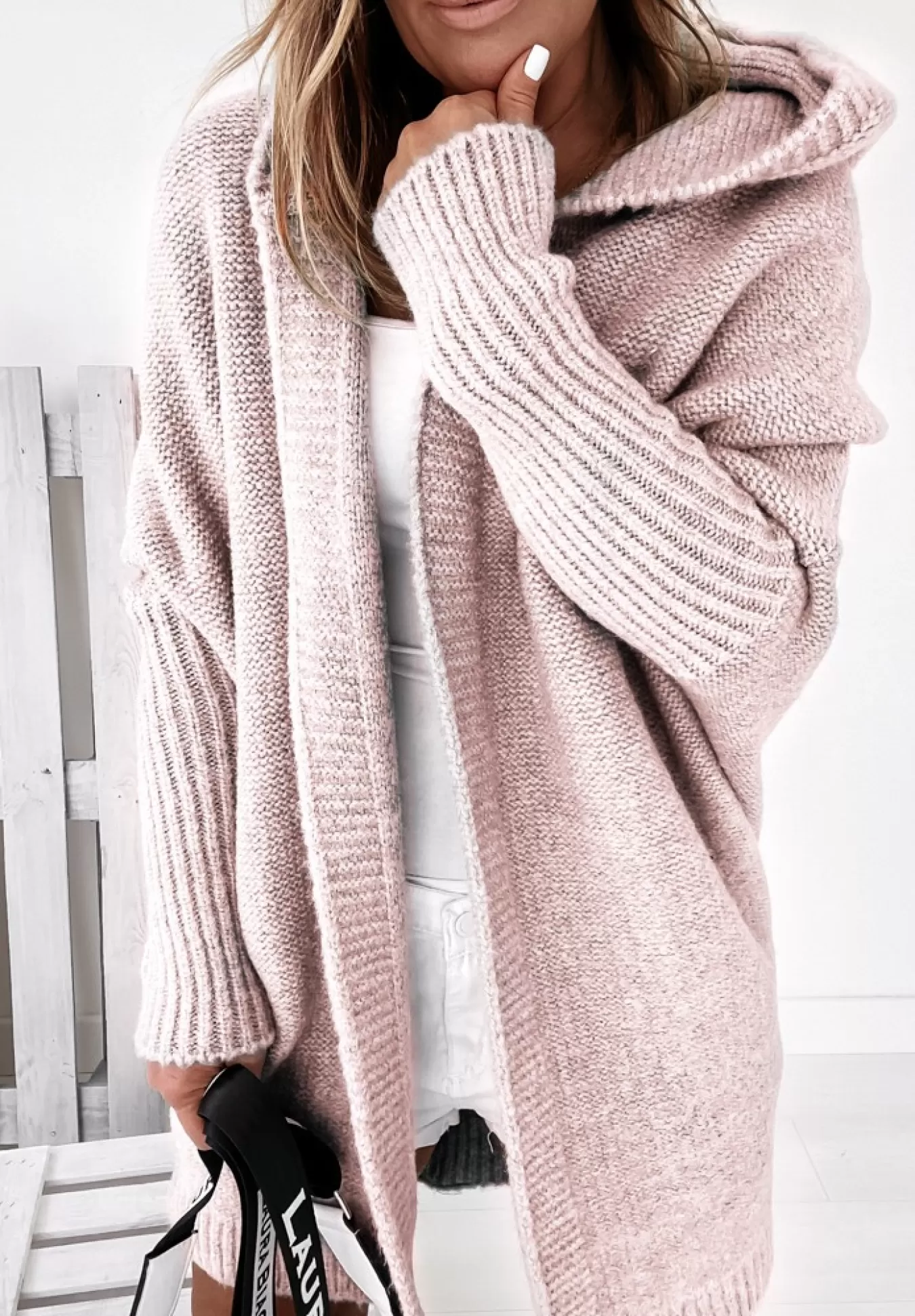 Store Dlugi Kardigan Oversize Z Kapturem Montevista Pudrowy Roz Kobieta Kardigany