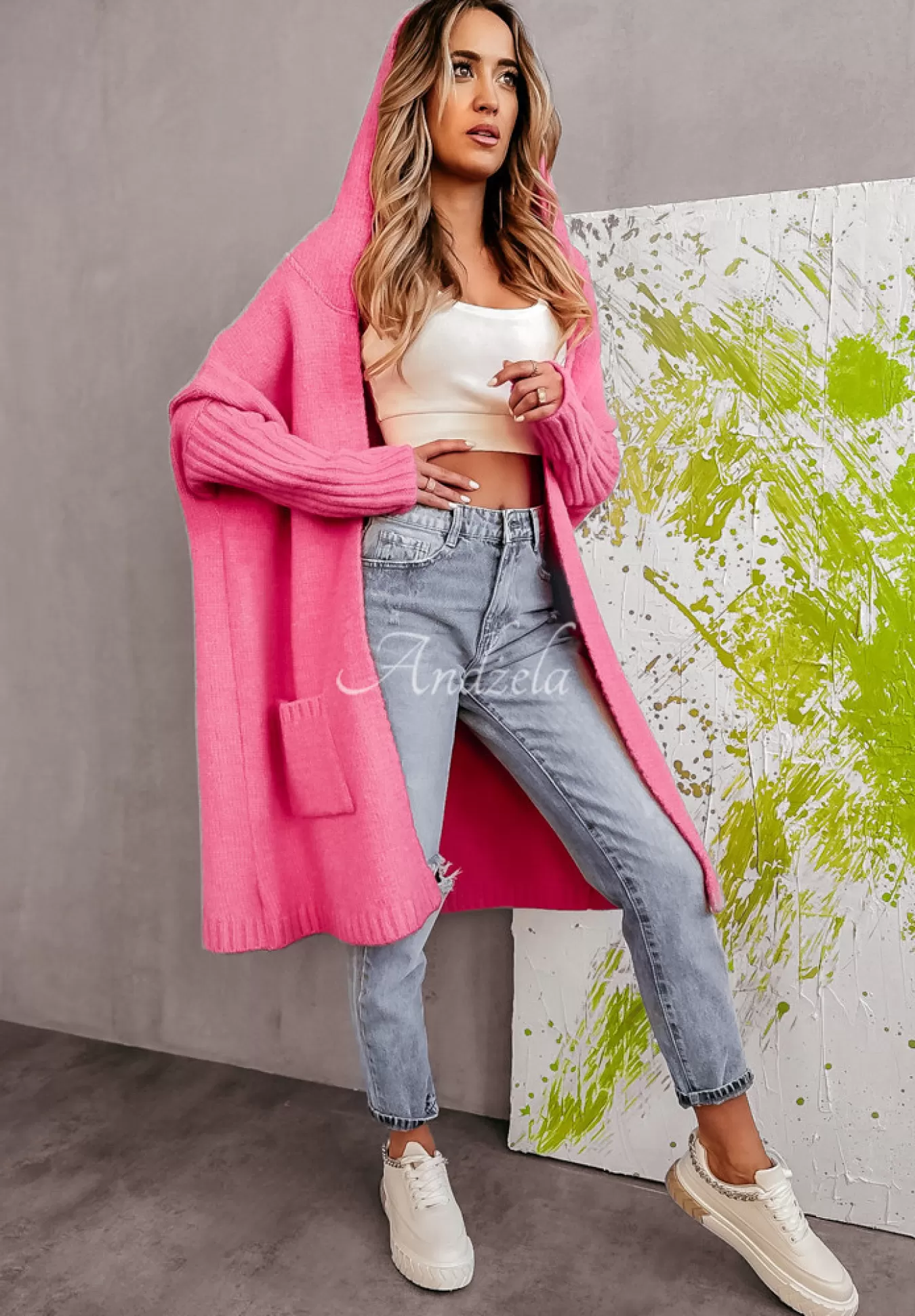 Store Dlugi Kardigan Oversize Z Kapturem Simply Live Rozowy Kobieta Kardigany
