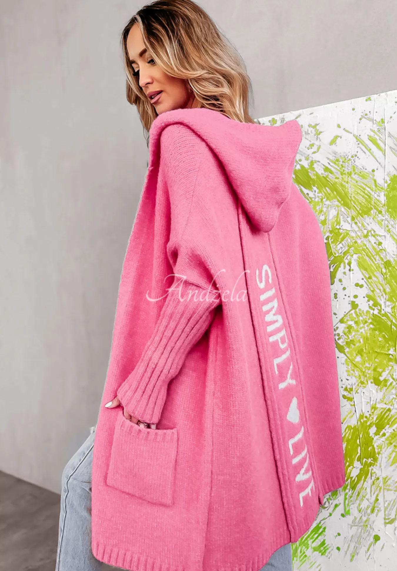 Store Dlugi Kardigan Oversize Z Kapturem Simply Live Rozowy Kobieta Kardigany