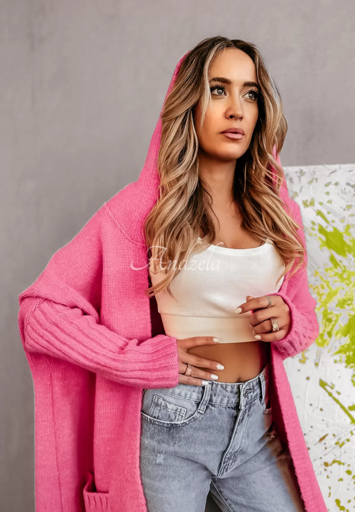 Store Dlugi Kardigan Oversize Z Kapturem Simply Live Rozowy Kobieta Kardigany
