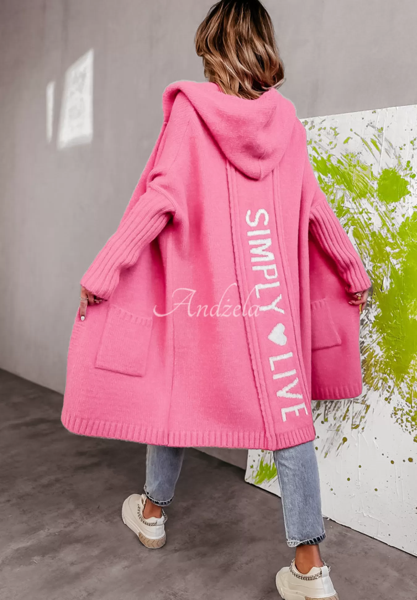 Store Dlugi Kardigan Oversize Z Kapturem Simply Live Rozowy Kobieta Kardigany