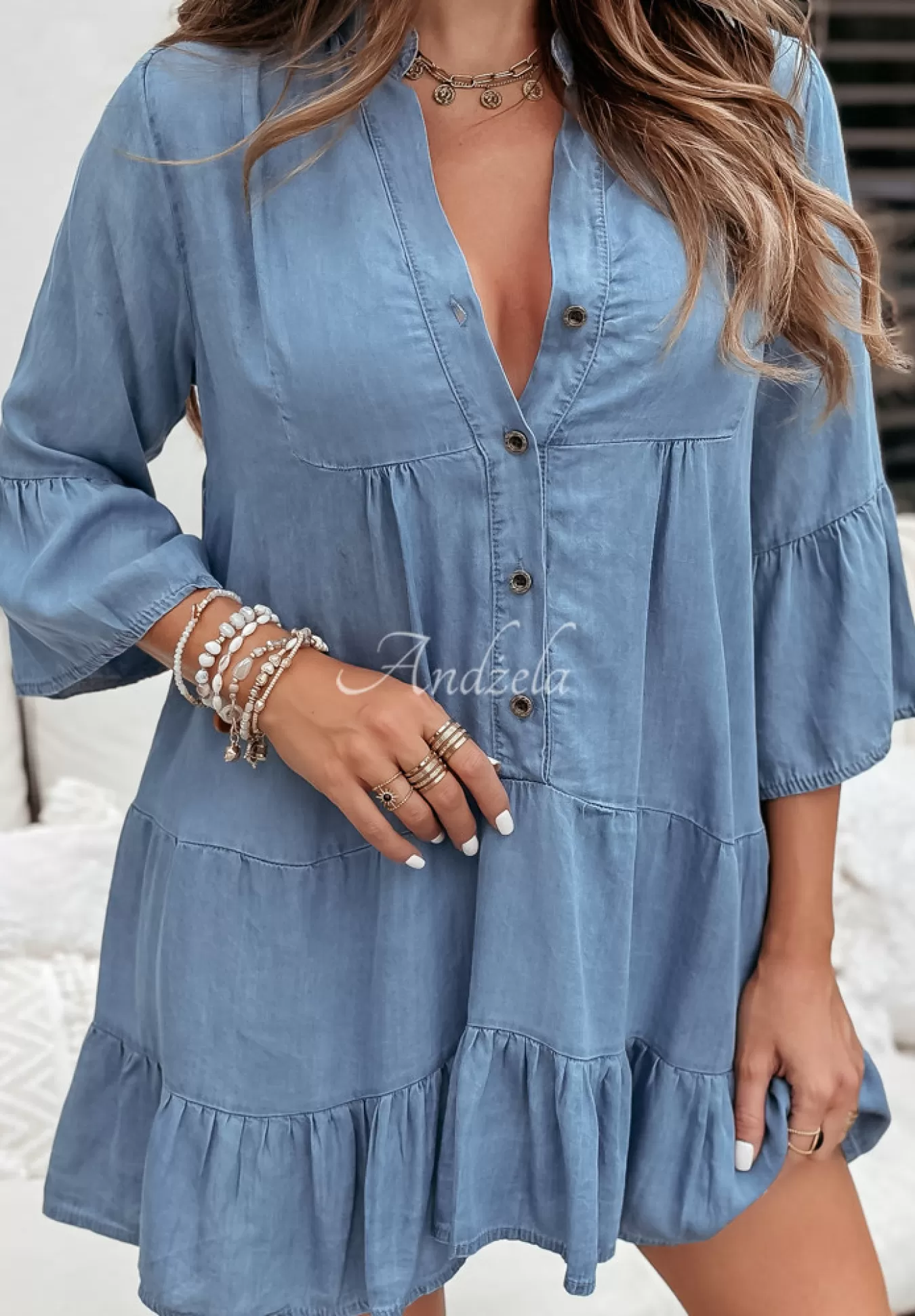 Shop Jeansowa Sukienka Oversize Z Falbankami Mamma Mia Jasnoniebieska Kobieta Sukienki