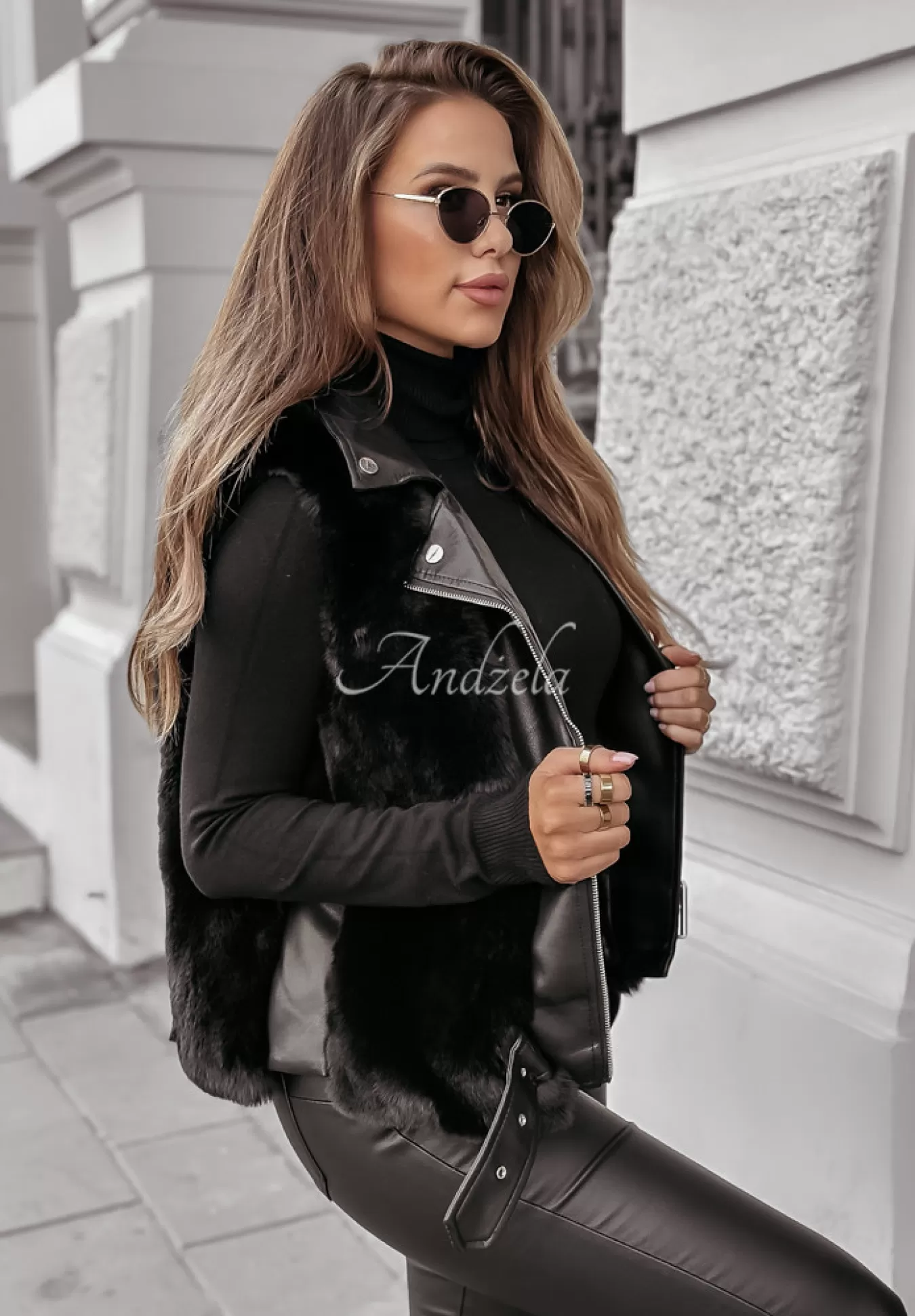Fashion Kamizelka Z Imitacji Skory Z Futerkiem So Chic Czarna Kobieta Kamizelki