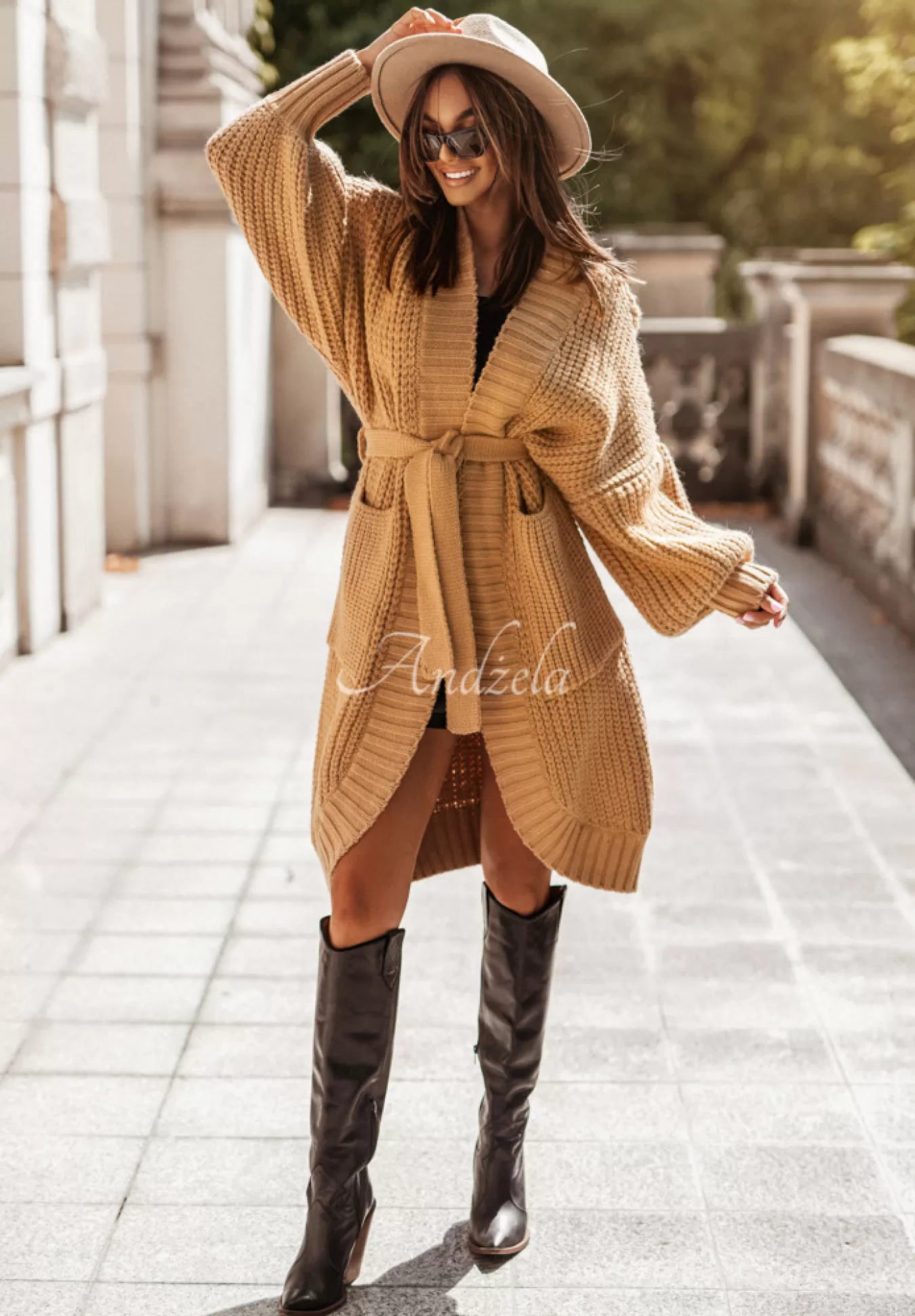 Online Kardigan Oversize Z Paskiem Cocomore Flynne Camelowy Kobieta Kardigany