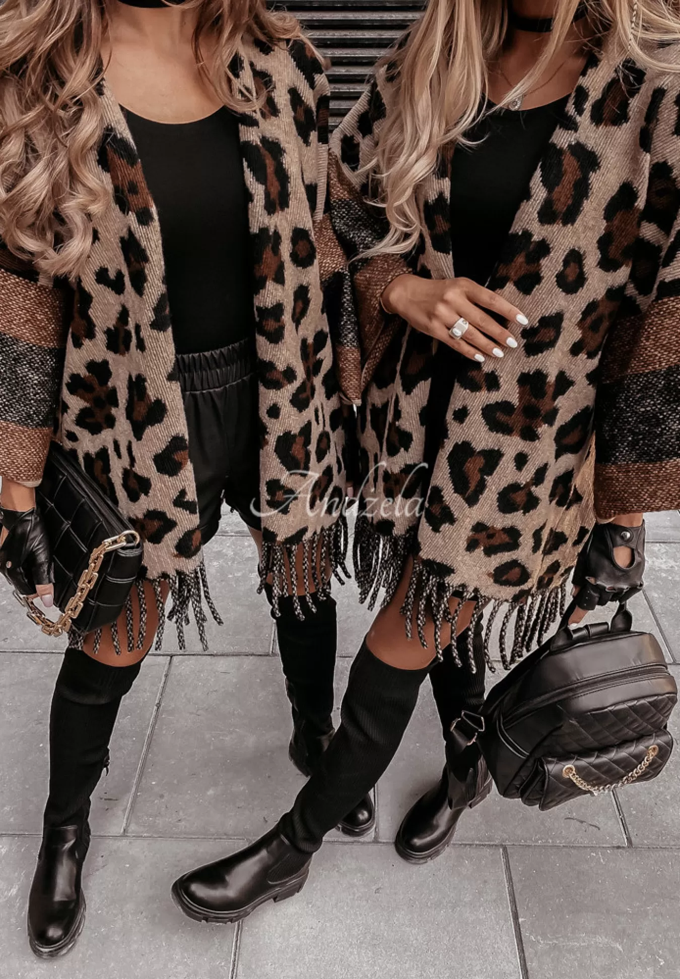 Store Kardigan Ponczo Oversize Z Fredzlami Savannah W Panterke Kobieta Kardigany