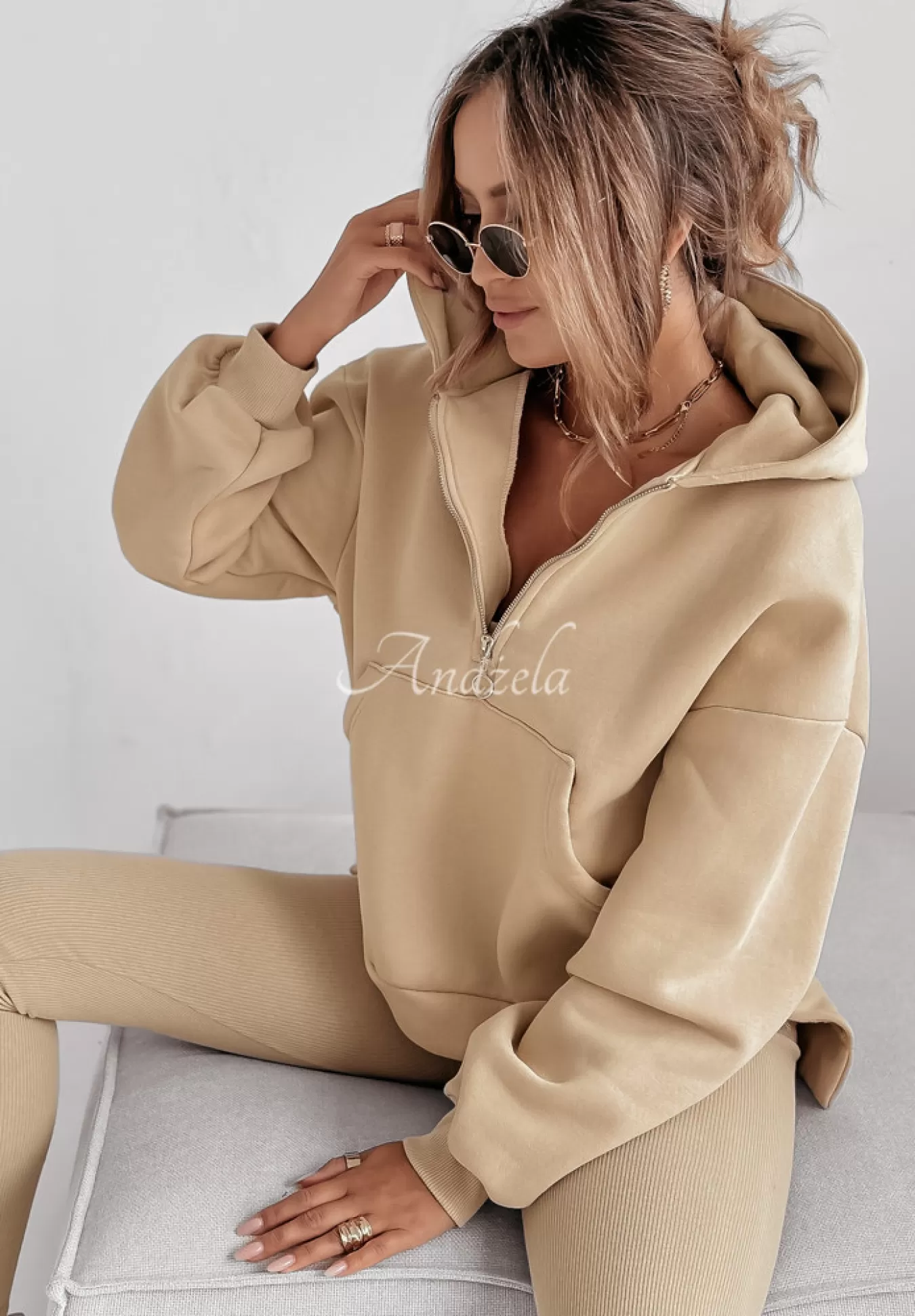Flash Sale Komplet Dresowy 3In1 Bluza, Legginsy I Top Classic Comfort Bezowy Kobieta Topy