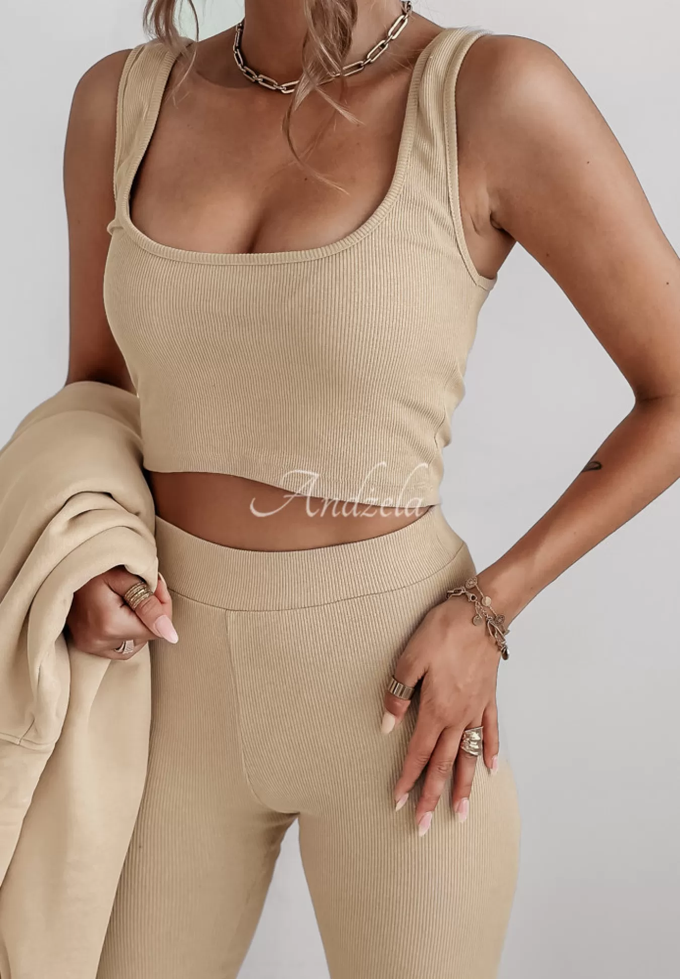 Flash Sale Komplet Dresowy 3In1 Bluza, Legginsy I Top Classic Comfort Bezowy Kobieta Topy