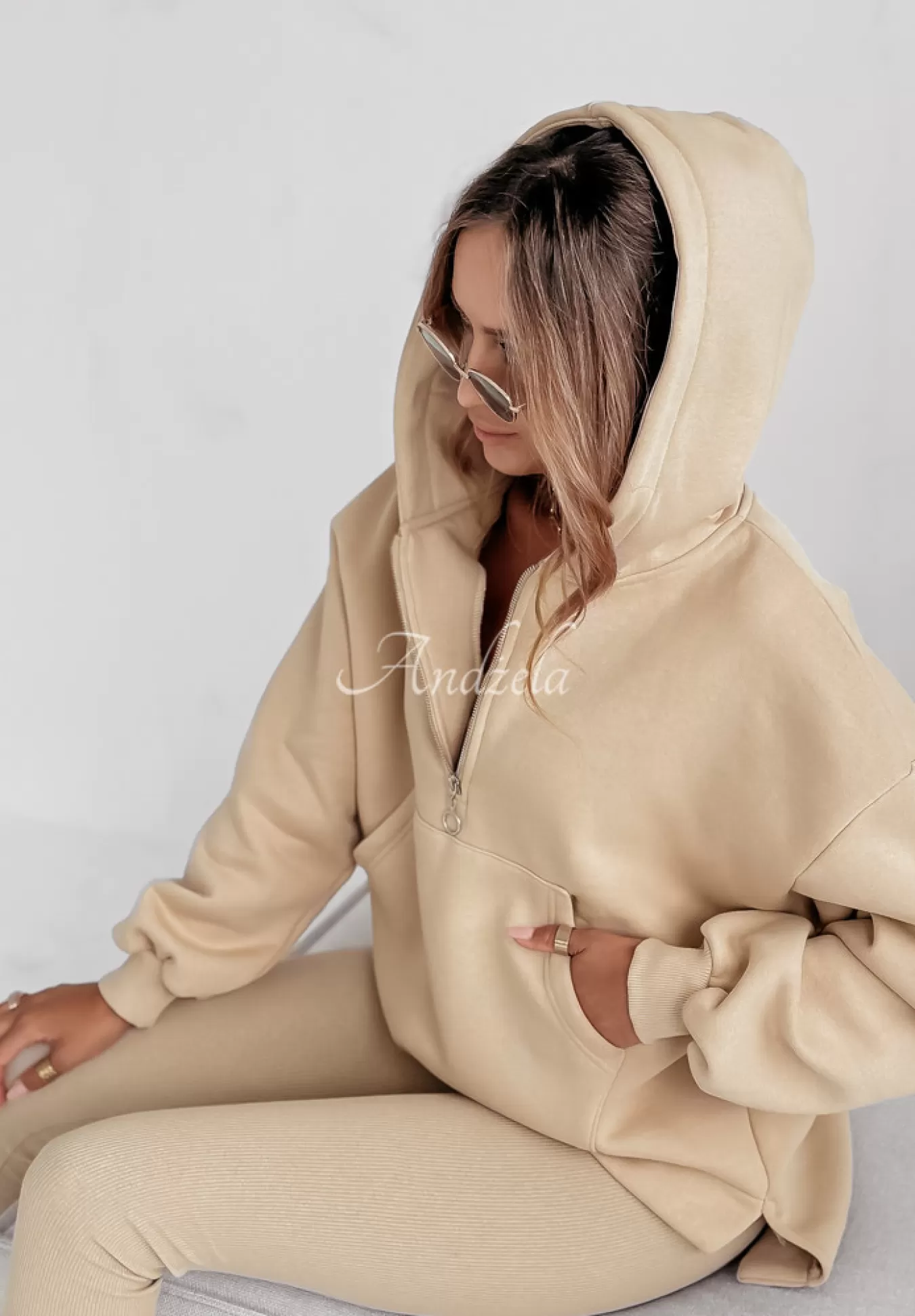 Flash Sale Komplet Dresowy 3In1 Bluza, Legginsy I Top Classic Comfort Bezowy Kobieta Topy