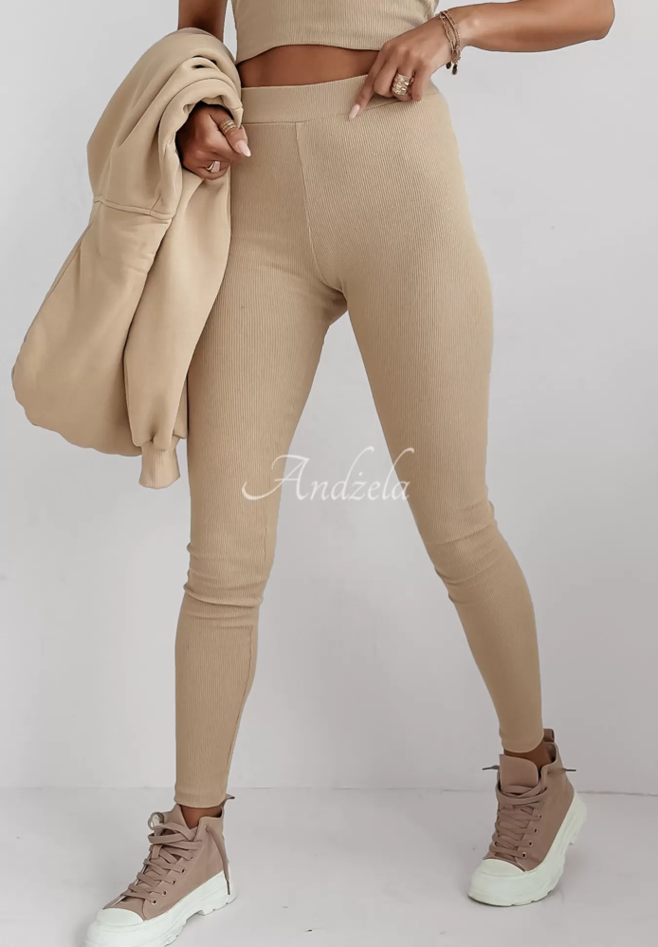 Flash Sale Komplet Dresowy 3In1 Bluza, Legginsy I Top Classic Comfort Bezowy Kobieta Topy