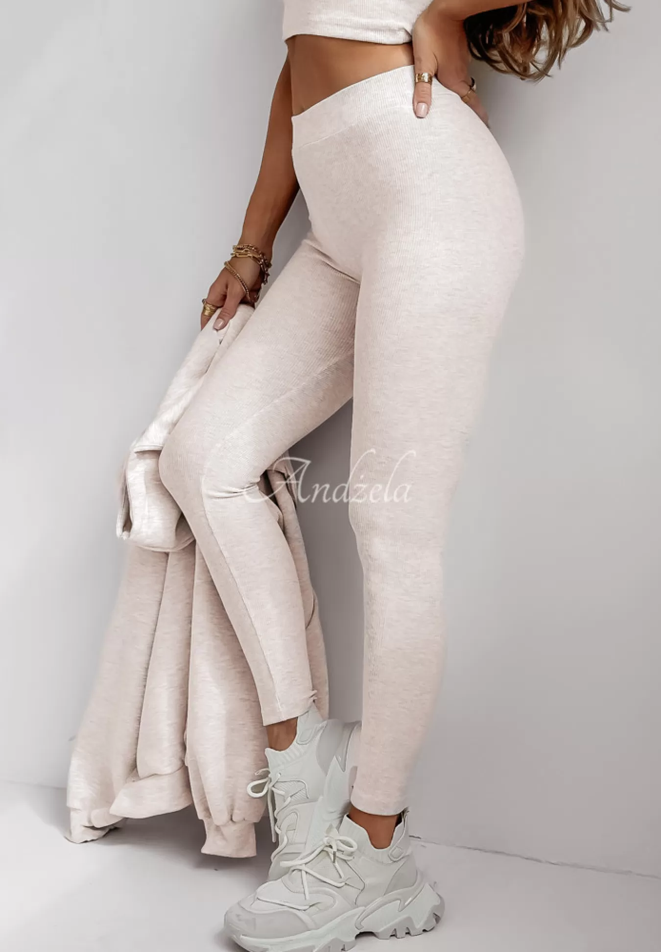 Sale Komplet Dresowy 3In1 Bluza, Legginsy I Top Classic Comfort Bezowy Melanz Kobieta Topy