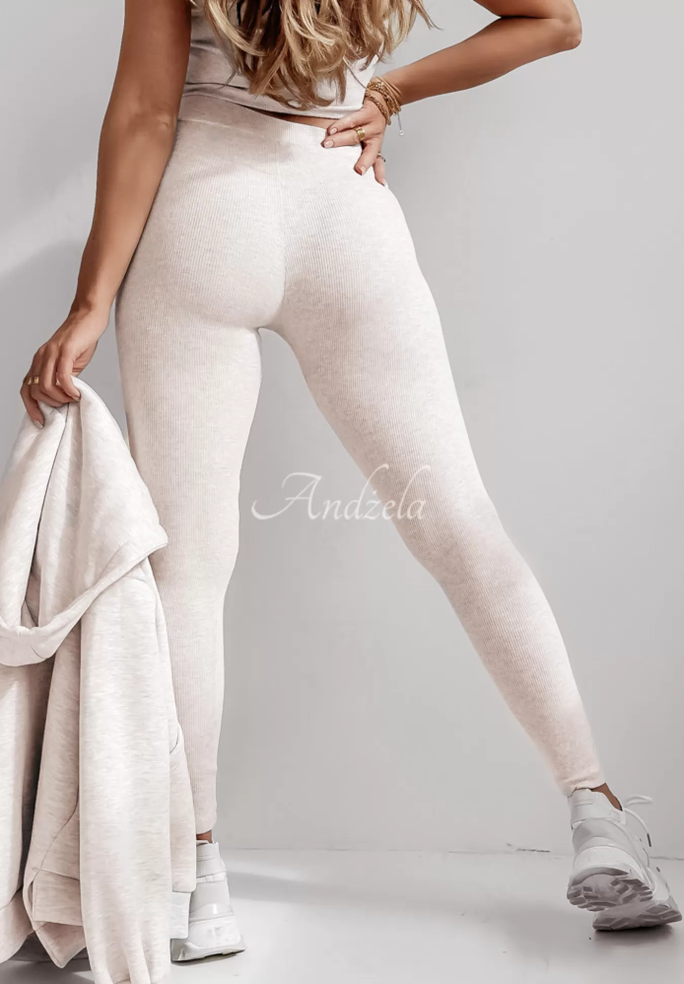 Sale Komplet Dresowy 3In1 Bluza, Legginsy I Top Classic Comfort Bezowy Melanz Kobieta Topy