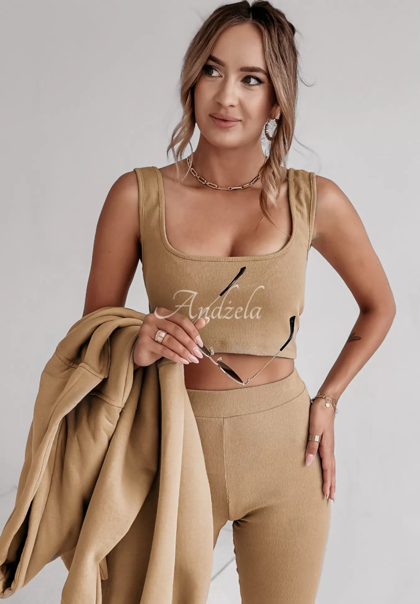 Store Komplet Dresowy 3In1 Bluza, Legginsy I Top Classic Comfort Camelowy Kobieta Topy