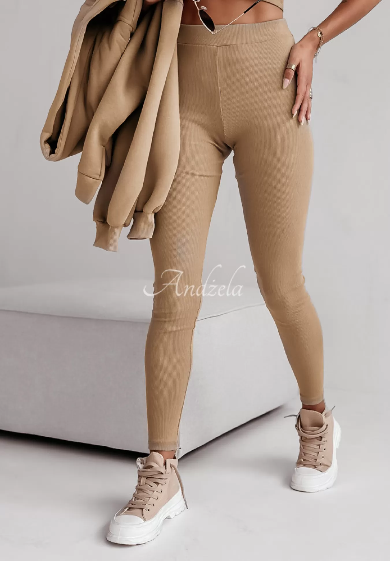 Store Komplet Dresowy 3In1 Bluza, Legginsy I Top Classic Comfort Camelowy Kobieta Topy