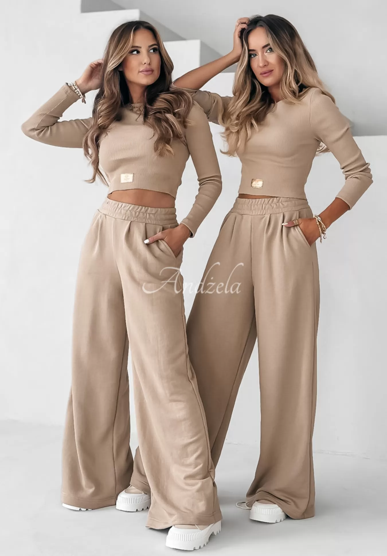 Hot Komplet Prazkowana Bluzka I Spodnie Wide Leg Don'T Stop Camelowy Kobieta Spodnie
