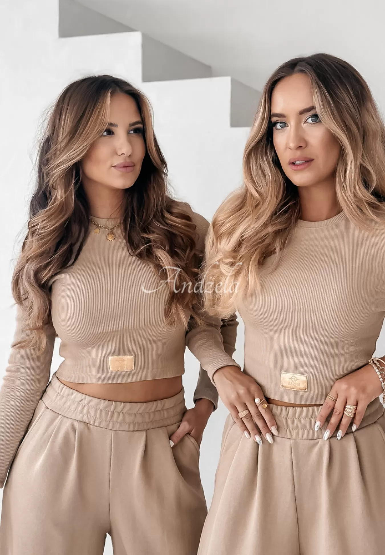 Hot Komplet Prazkowana Bluzka I Spodnie Wide Leg Don'T Stop Camelowy Kobieta Spodnie
