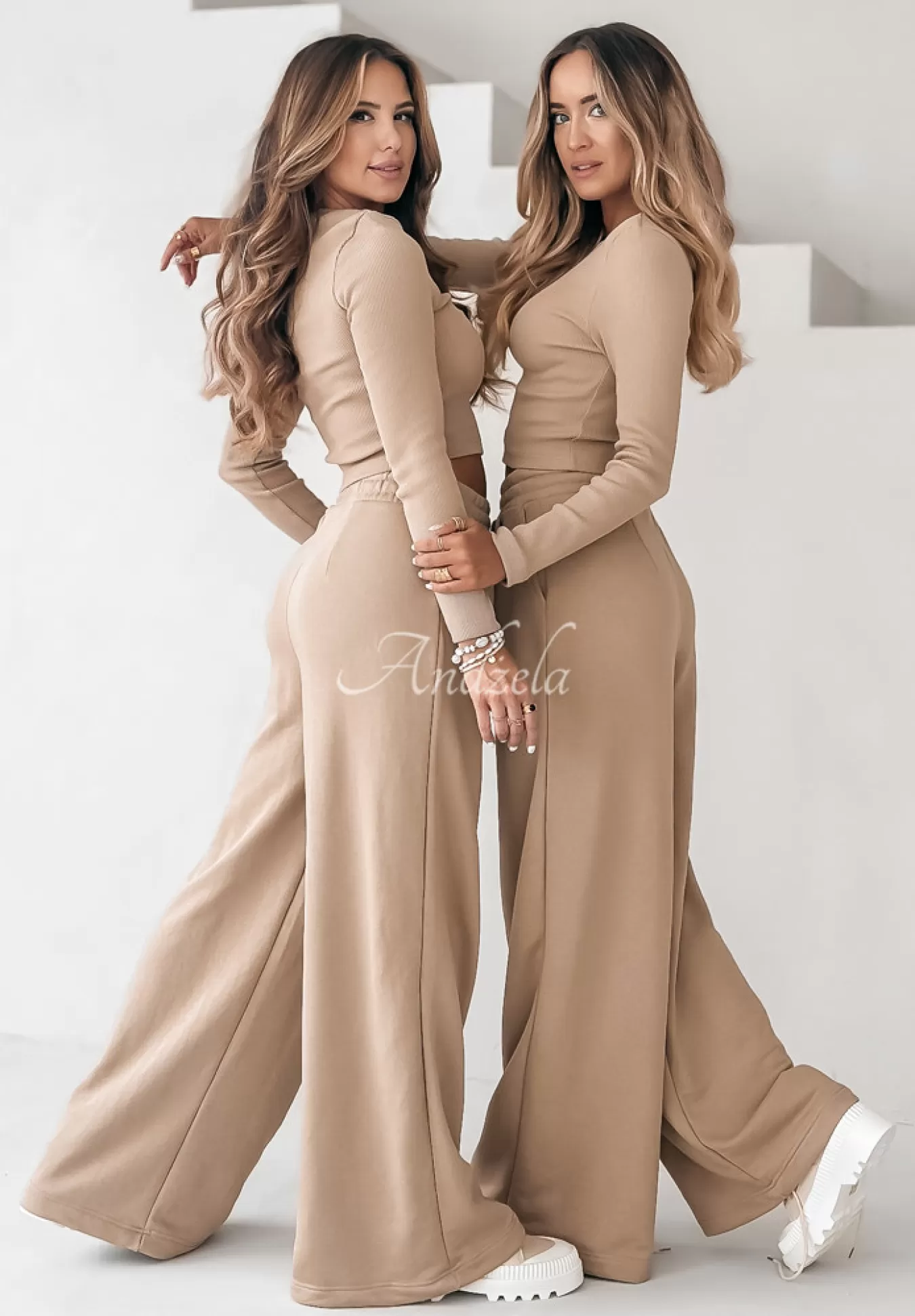 Hot Komplet Prazkowana Bluzka I Spodnie Wide Leg Don'T Stop Camelowy Kobieta Spodnie