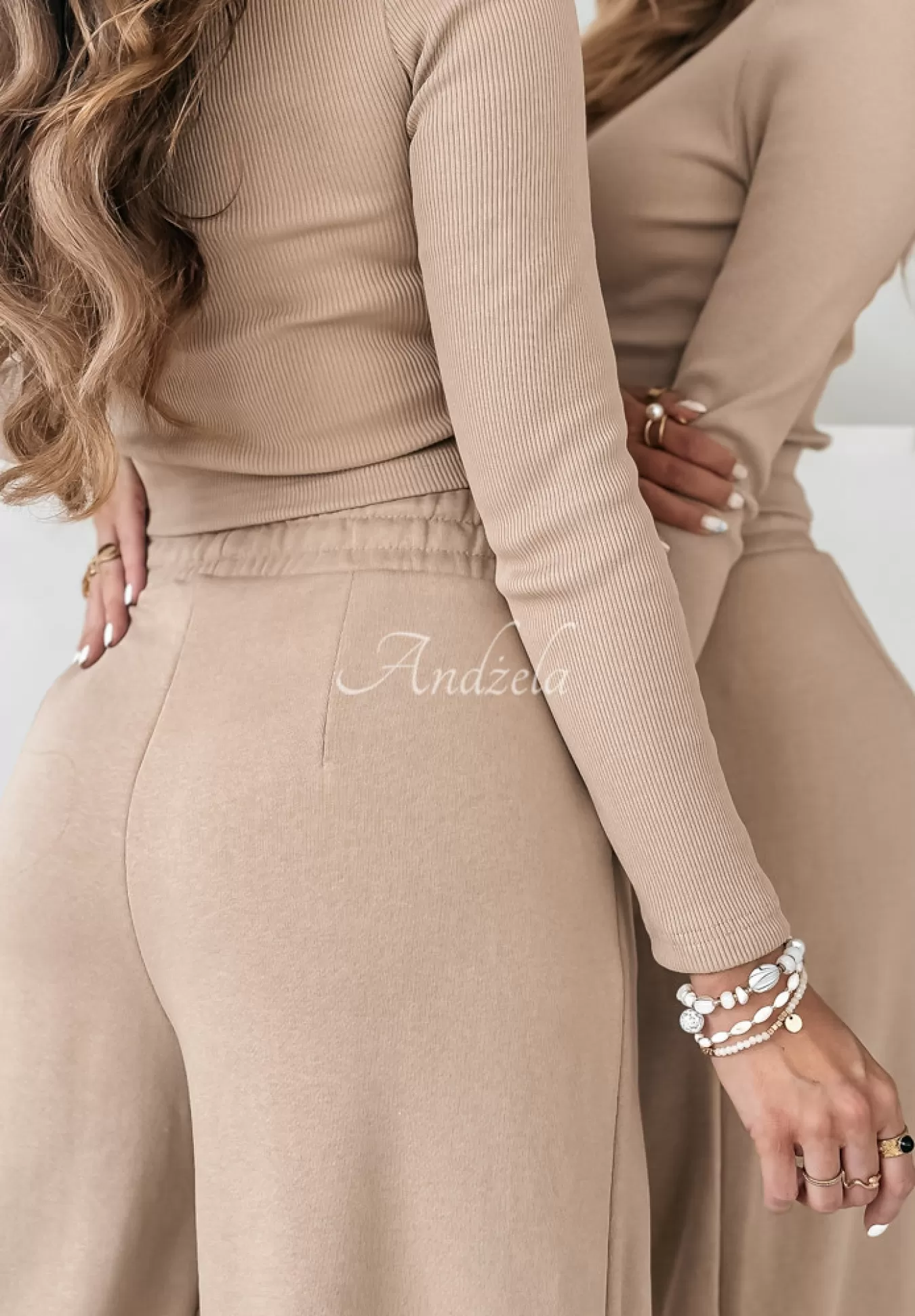 Hot Komplet Prazkowana Bluzka I Spodnie Wide Leg Don'T Stop Camelowy Kobieta Spodnie