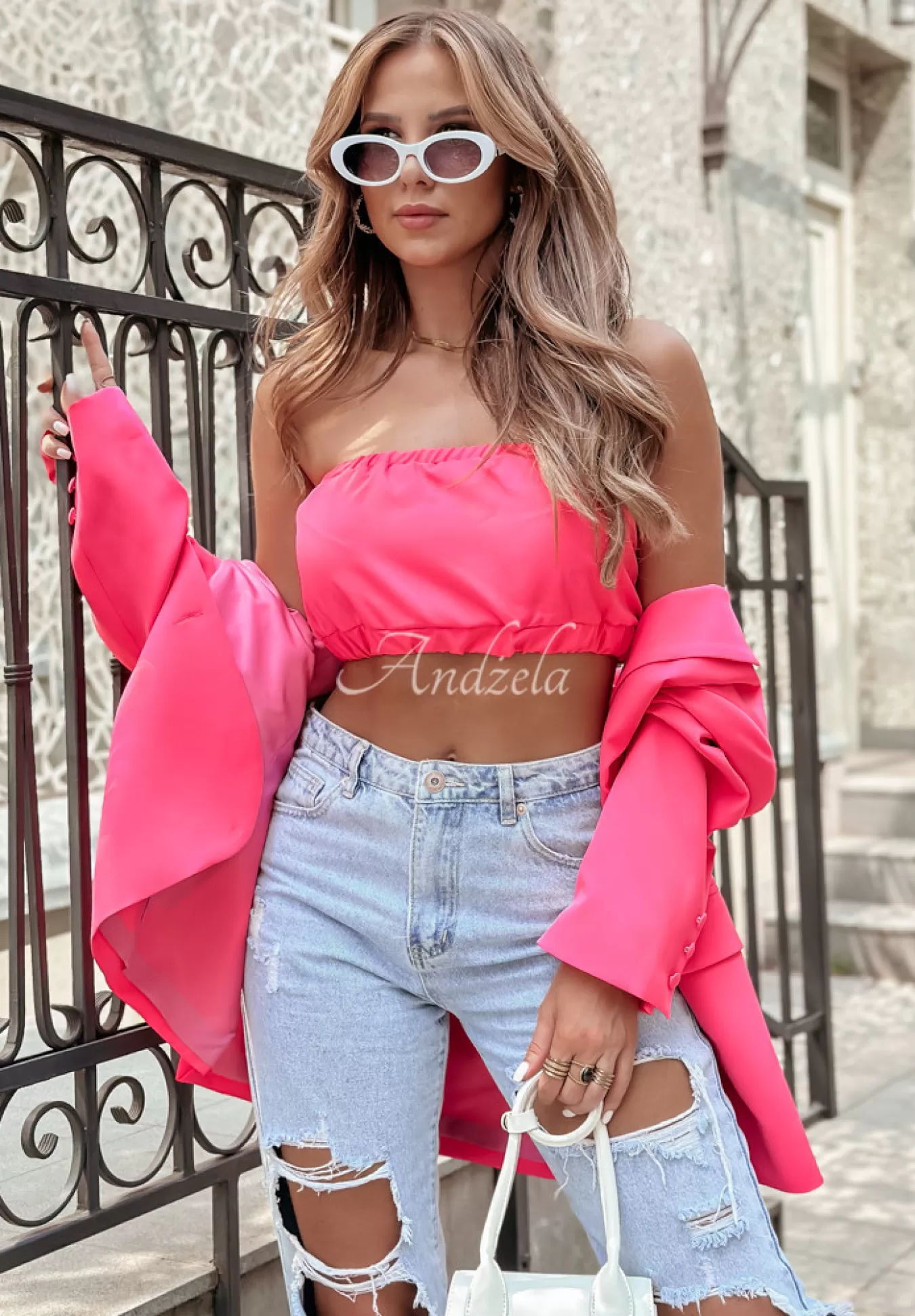 Flash Sale Krotki Top Opaska Bez Ramiaczek Think About Me Neonowy Rozowy Kobieta Garnitury