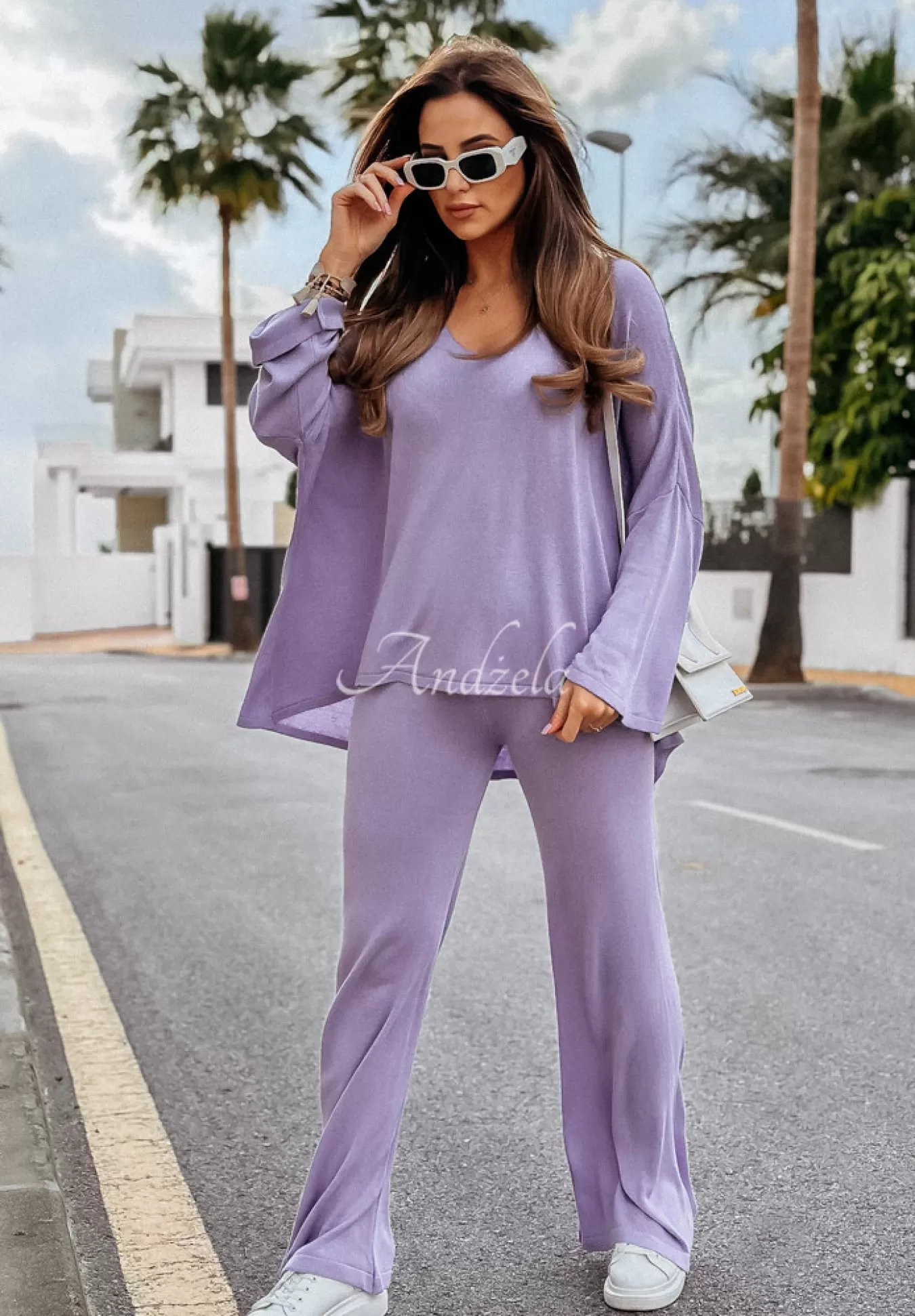 Hot Lekki Sweter Oversize Z Dekoltem Back To Basics Liliowy Kobieta Swetry