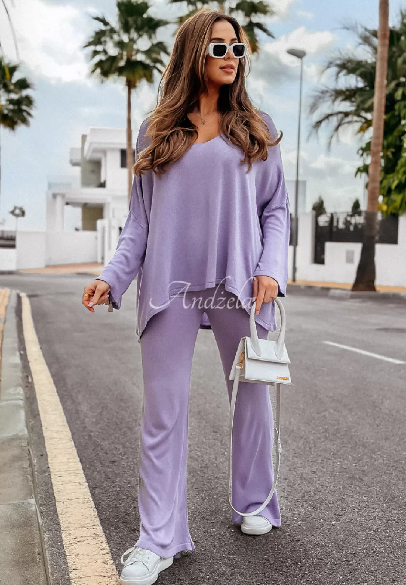 Hot Lekki Sweter Oversize Z Dekoltem Back To Basics Liliowy Kobieta Swetry