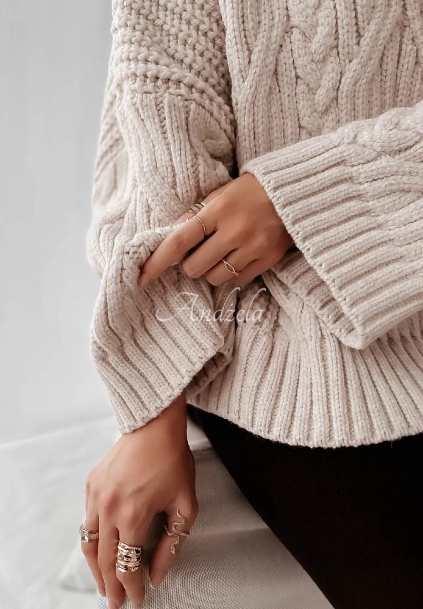 Sale Ozdobnie Pleciony Sweter Oversize Cocomore Nicco Bezowy Kobieta Swetry