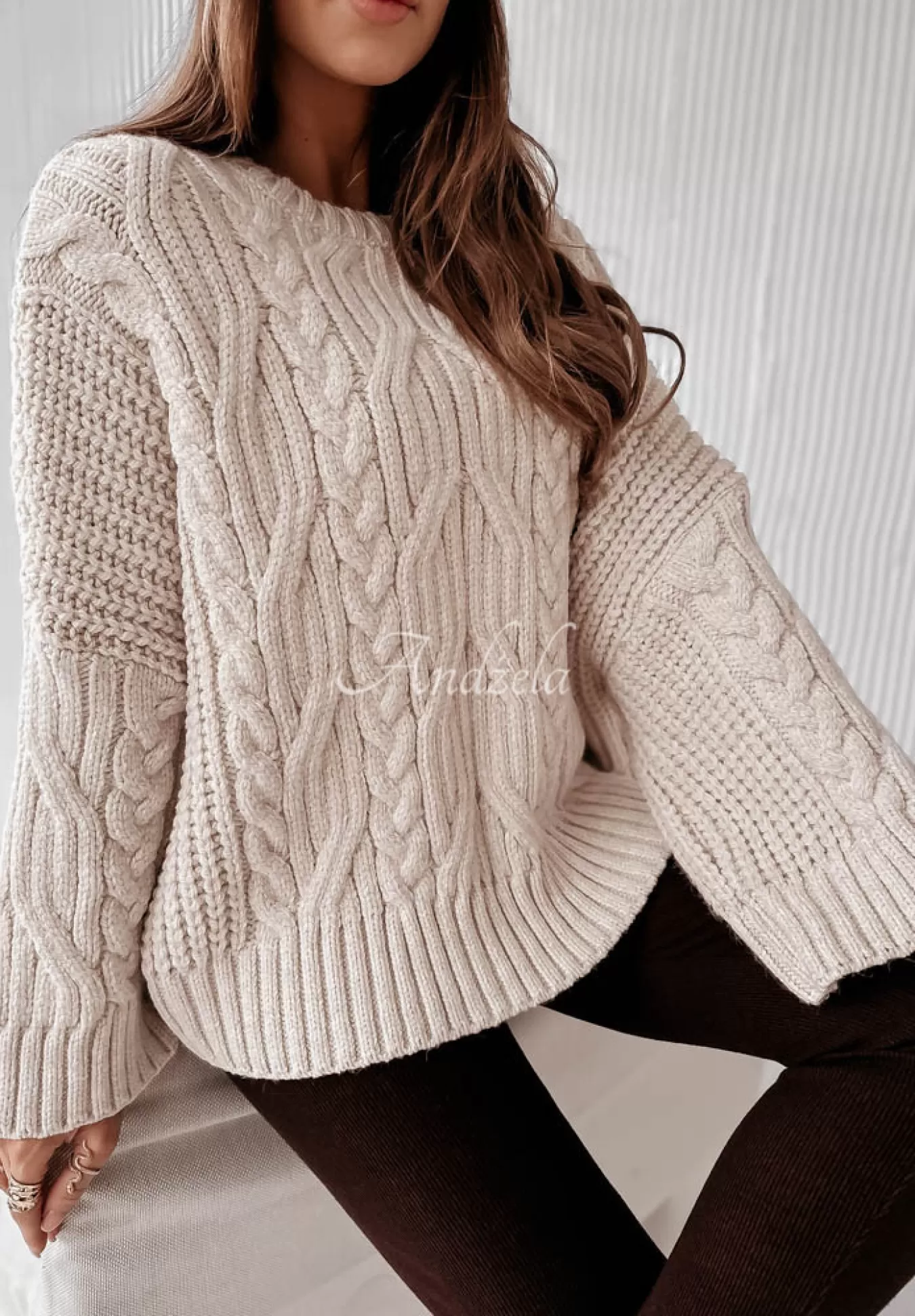 Sale Ozdobnie Pleciony Sweter Oversize Cocomore Nicco Bezowy Kobieta Swetry