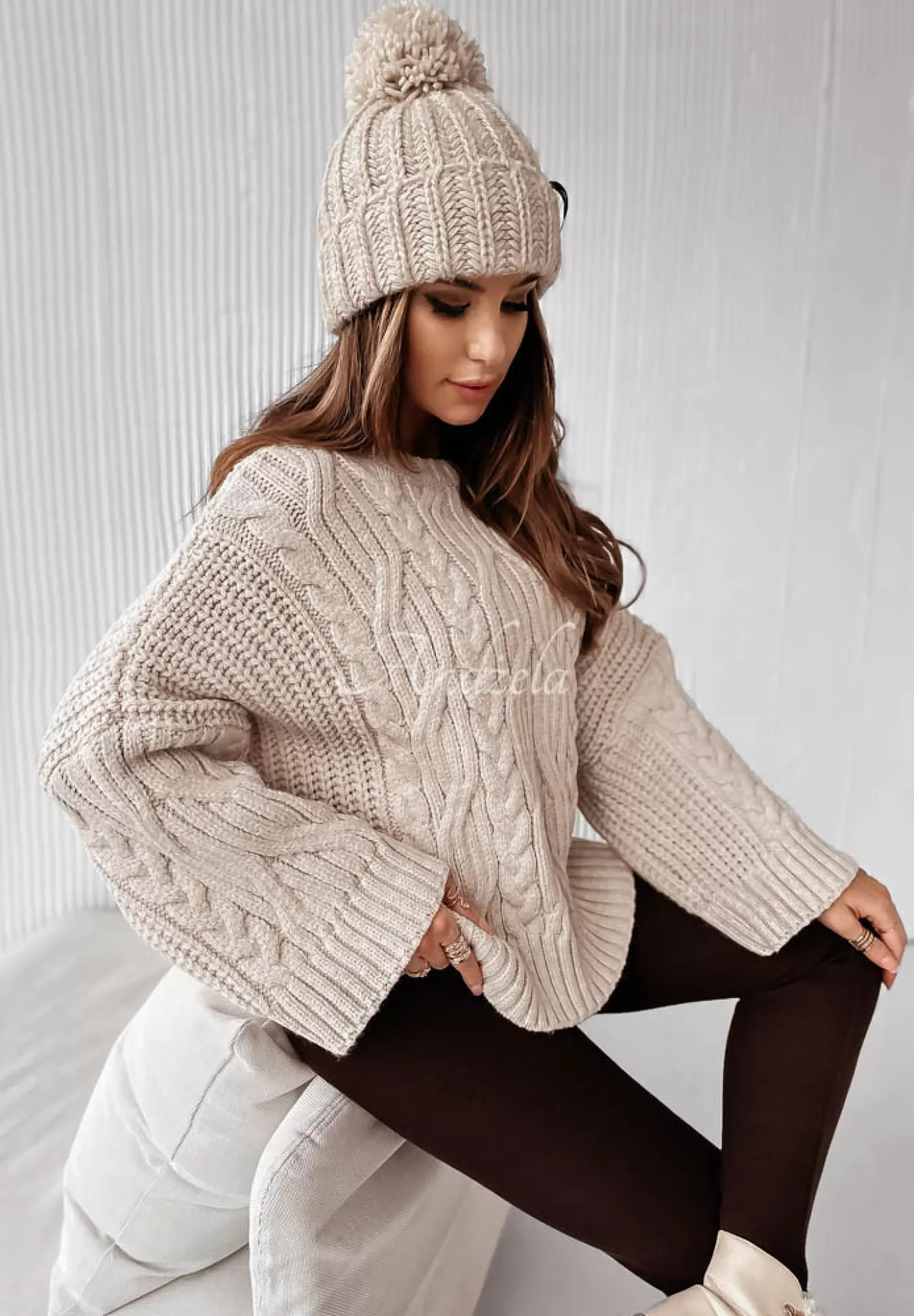 Sale Ozdobnie Pleciony Sweter Oversize Cocomore Nicco Bezowy Kobieta Swetry
