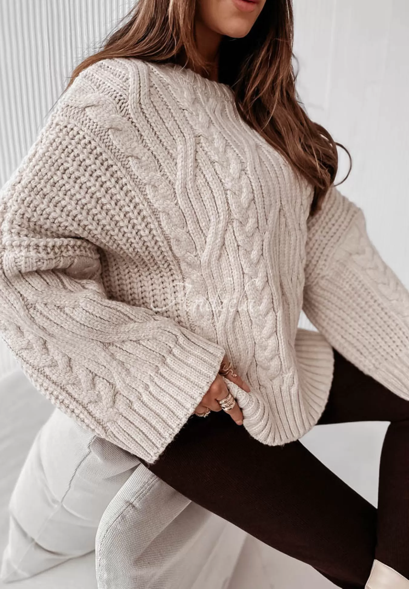 Sale Ozdobnie Pleciony Sweter Oversize Cocomore Nicco Bezowy Kobieta Swetry