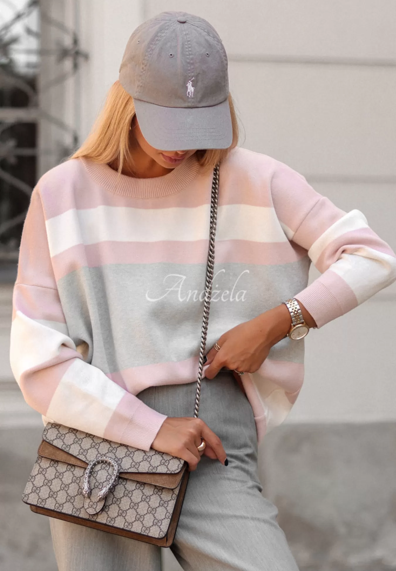 New Sweter Oversize W Paski Cocomore Inner Peace Pudrowy Roz Kobieta Swetry
