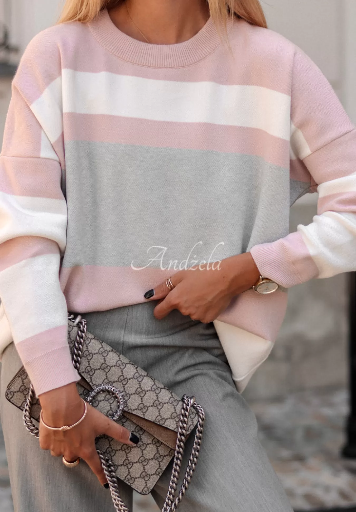 New Sweter Oversize W Paski Cocomore Inner Peace Pudrowy Roz Kobieta Swetry