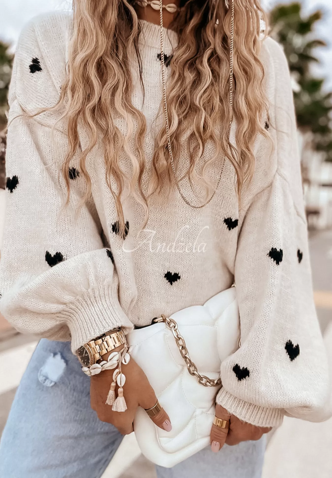 Cheap Sweter Oversize W Serduszka Show Me Love Bezowo-Czarny Kobieta Swetry