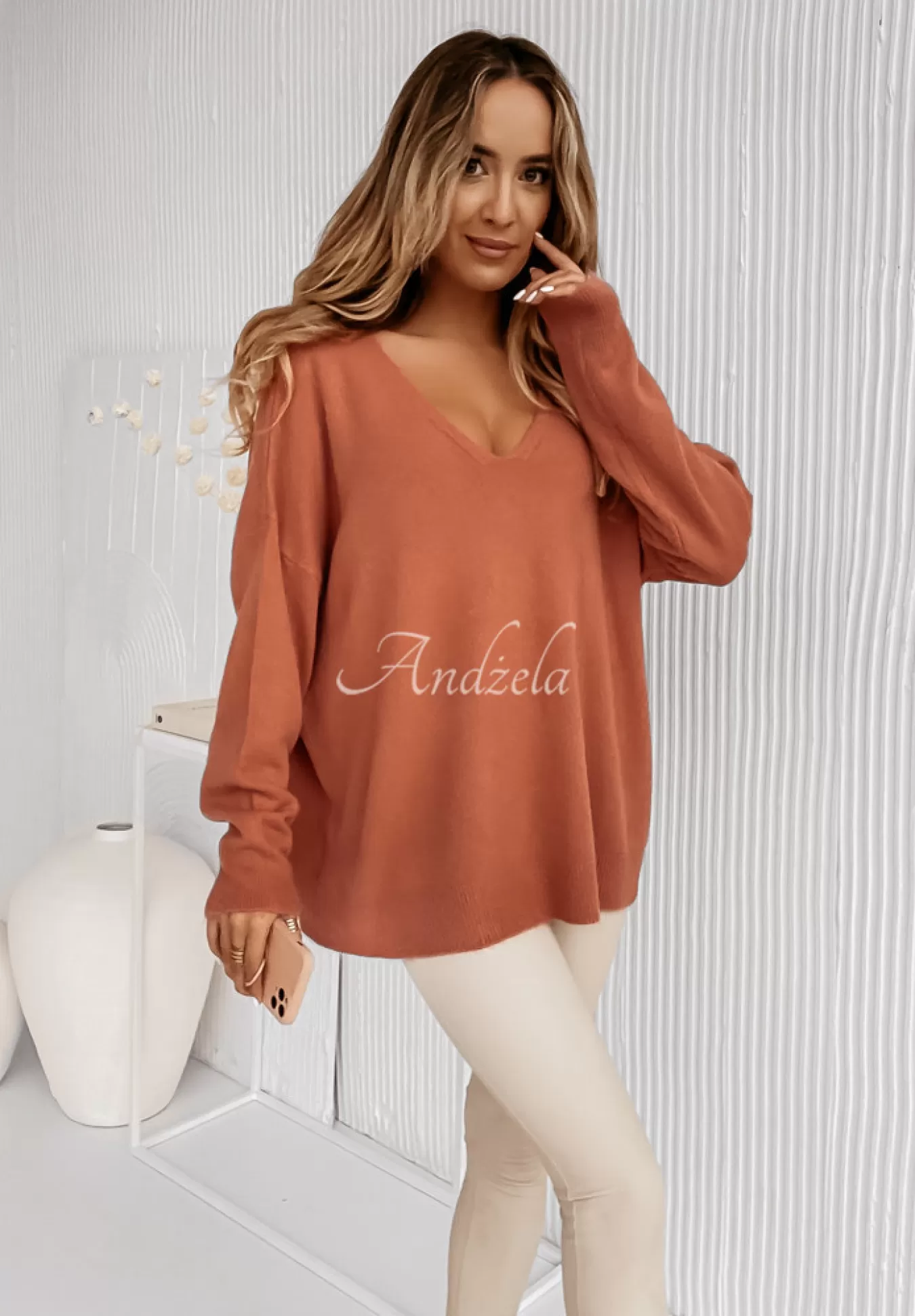 New Sweter Oversize Z Dekoltem Norris Koralowy Kobieta Swetry