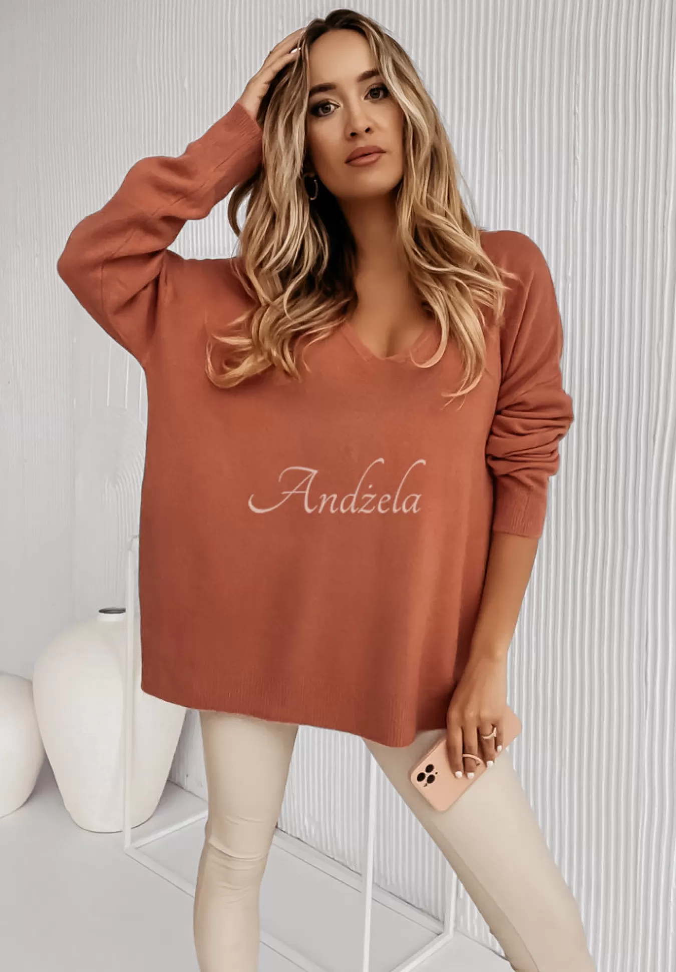 New Sweter Oversize Z Dekoltem Norris Koralowy Kobieta Swetry